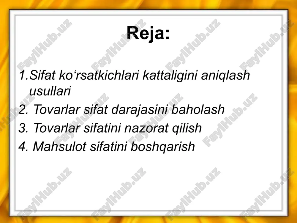 rologiya markazlari orqali amalga oshiriladi. ular sifatsiz tovarlar chiqarishni ta’qiqlashlari, aniqlangan sifatsiz tovarlar xajmini korxona rejasidan chiqarish va sotilgan qismidan kelgan daromadni davlat budjetiga o‘tkazish, maxsus qabul qilish tartibi o‘rnatish huquqiga egadirlar. yana davlat savdo inspeksiyasi – ishlab chiqarishi, sotuv va sotib oluvchi korxonalar tovarlarini sifatini tekshiradi. davlat qabuli – ularni tamg‘asi bo‘lgan tovarlar savdo bazalarida tekshirilmasdan qabul qilinsa ham bo‘ladi (tashishdagi nuqsonlardan tashqari). tovarlar sifatini nazorat qilish tovarlar sifatini tekshirish – tovarlarning sifat va morfologik ko‘rsatgichlarini normativ-texnik xujjatlarga to‘g‘ri kelishiga aytiladi. tovarlar ishlab chiqishidan oluvchiga yetib borguncha bir necha bor tekshiriladi: operatsion, qabul, daromad tekshiruvlari mavjud. operatsion – har bir bosqichdan keyin tekshiriladi. qabul tekshiruvi – ishlab chiqarishni oxirida bajariladi. sifatni boshqarish bo‘limi tamg‘asi bosilishi tovarni sifatliligini bildiradi. daromad tekshiruvi – sanoat korxonalariga kelgan xom-ashyolarni va savdoga kelgan tovarlarni sifati bo‘yicha qabul qilish jarayoniga aytiladi. tovarlar sifatini tekshirishi yoppasiga va saylanish tekshiruv turlari bo‘ladi. ko‘proq saylanmasi ishlatiladi, chunki bu …