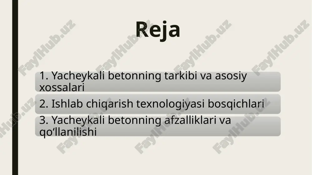 iladi, quritiladi va maydalangan holda saqlanadi. bu bosqichda xom ashyo miqdorlari maxsus dozalash uskunalarida aniqlanadi. aralashmani tayyorlash va yacheykalar hosil qilish tsement, qum va suv aralashtirilib bir xil massa holiga keltiriladi. keyin unga ko‘pik hosil qiluvchi modda qo‘shiladi: gazobetonda alyuminiy kukuni ishqorli muhitda gaz (vodorod) ajratib, yacheykalar hosil qiladi. penobetonda maxsus uskunada tay bu bosqichda massa hajmi ortadi va ko‘pikli (yacheykali) tuzilma shakllanadi. qotirish usullari aralashma qoliplarga quyiladi va qotish jarayonidan o‘tadi. bu bosqich quyidagicha bo‘ladi: autoklavli usul (gazobeton): aralashma maxsus bosimli idishda (autoklav avtoklavsiz usul (penobeton): aralashma tabiiy haroratda 1–3 kun davomida qotadi. bu usulda beton nisbatan uzoq vaqt ichida qot kesish va qadoqlash qotgan bloklar maxsus kesish uskunalarida standart o‘lchamlarga bo‘linadi: devor bloklari, panellar, plitalar shaklida har xil o‘lchamdagi bo‘lishi mumkin: masalan, 60×20×25 sm kesilgandan so‘ng, mahsulotlar quritiladi (agar kerak bo‘lsa), sifat nazoratidan o‘tadi va qadoqlanadi. tayyor beton bloklar saqlash yoki jo‘natish uchun tayyorlanadi yacheykali betonning asosiy afzalliklari …