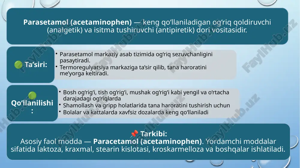 (direct compression) — ba’zi hollarda qo‘llaniladi. 🧪 nam granulatsiya bosqichlari: aralashtirish: faol va yordamchi moddalar aralashtiriladi. bog‘lovchi suyuqlik qo‘shish: povidon eritmasi kabi bog‘lovchi suyuqlik qo‘shiladi. yumshoq massa hosil qilish: aralashma namlanib, bir hil massaga aylanadi. elakdan o‘tkazish: nam massa elakdan o‘tkazilib, bir xil granulalar hosil qilinadi. 📌 granulatsiya tabletkani bosishda bir xil og‘irlikda va mustahkam bo‘lishini ta’minlaydi. quritish — nam granulalarni zarur namlik darajasigacha quritish jarayonidir. bu bosqich granulalarning barqarorligini, saqlanish muddatini va tabletkalash sifatini ta’minlaydi. 🛠️ quritish usullari: issiq havo yordamida quritish (tray dryer) — an’anaviy usul. fluid bed dryer (havo yotqizmasi quritgichi) — samaradorligi yuqori. vakuum quritgich — maxsus holatlar uchun. 📌 muhim omillar: quritish harorati odatda 60–80°c atrofida bo‘ladi. yakuniy namlik miqdori 1–2% dan oshmasligi kerak. harorat va vaqt mahsulotning sifatiga bevosita ta’sir ko‘rsatadi. 💡 ma’lumot: to‘g‘ri quritilmagan granulalar bosish paytida parchalanishi, tabletkalarning mustahkamligi pasayishi yoki saqlash paytida buzilishi mumkin. tabletkalash — quritilgan granulalarni maxsus uskunada siqib, …