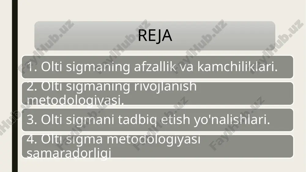 ammoning asosiy sabablarini tahlil qilish. motor qismlaridagi muammo aniqlanadi. i – improve (yaxshilash): jarayonni takomillashtirish bo‘yicha chora ko‘riladi. yangi motor yetkazib beruvchilar bilan hamkorlik boshlanadi. c – control (nazorat qilish): yangi tizim ishlashini nazoratda ushlab turish. tizimli auditlar kiritiladi. ✅ 2. dmadv modeli bu model yangi mahsulot yoki xizmat ishlab chiqishda qo‘llaniladi. dmadv qisqartmasi quyidagi bosqichlarni bildiradi: d – define: mijoz ehtiyojini aniqlash. m – measure: talablar va resurslarni baholash. a – analyze: yangi mahsulot dizaynini rejalashtirish. d – design: optimal dizaynni ishlab chiqish. v – verify: tayyor mahsulotni sinovdan o‘tkazib, mijoz ehtiyojiga mosligini tekshirish. 📌 rivojlanish yo‘lida olti sigma metodologiyasi quyidagilar bilan boyitildi: iso standartlari bilan integratsiya qilindi. lean (yupqa ishlab chiqarish) metodlari bilan qo‘shib ishlatildi – bu orqali jarayondagi ortiqcha harakatlar, vaqt va resurslar qisqartirildi. kompyuter dasturlari (minitab, excel, spss) yordamida statistik tahlil qilish imkoniyati kengaydi. olti sigma — bu faqat ishlab chiqarish sohasiga emas, balki xizmat ko‘rsatish, …