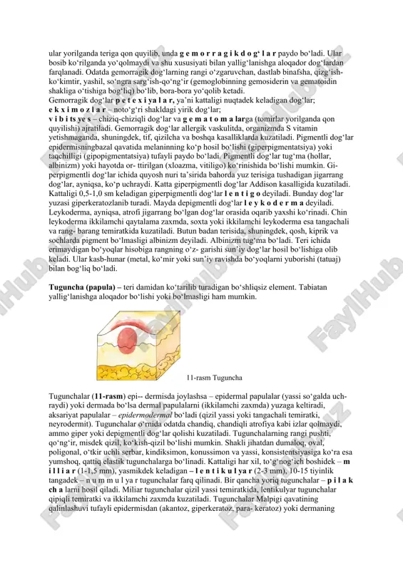 di. eritemalar kaftdek va undan kattaroq bo‘lib, aksariyat o‘tkir yallig‘lanish bilan kechadi. rangi och qizil, usti bir oz shishgan, qirralari noaniq bo‘lib, qattiq qichiydi; o‘tkir ekzema, dermatit, 1-darajali kuyishda, shuningdek, ko‘p shaklli ekssudativ eritemada kuzatiladi. bir necha eritemalar qo‘shilib butun badanni egallashi eritrodermiya deyiladi. kishi qattiq hayajonlanganda yoki uyalganida, ba’zan terida yallig‘lanish bilan bog‘liq bo‘lmagan qizil dog‘lar paydo bo‘ladi. bunday eritematoz dog‘lar qichimaydi, shoxlanmaydi, bir pastda yo‘qolib ketadi, ularni «uyalish» dog‘lari ham deyiladi. yallig‘lanmaydigan dog‘larda teri qizaradi, ba’zan ko‘karadi, qon tomirlar goh torayib, goh kengayadi. ya l l i g‘ l a n m a y d i g a n dog‘lar – tug‘ma yoki orttirilgan bo‘lishi mumkin, bularga oq dog‘ (vitiligo) yoki boshqa kasalliklar tufayli qoladigan dog‘lar kiradi. yallig‘lanmaydigan dog‘lar teridagi yuza tomirlarning mudom kengayishi tufayli ham yuzaga kelishi mumkin. turmushda orttirilgan bunday dog‘lar t e l e a n g i o e k t a z i …