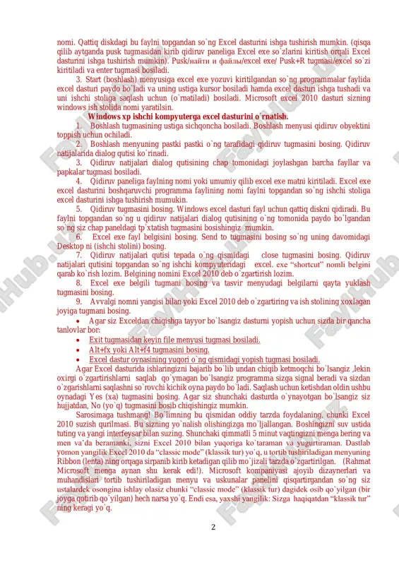 ri, formulalar, elektron, arifmetik amallar, sonli ifodalar, ishchi varaq, sarlavhalar qatori, diagramma, to’r (setka), ranglarni o’zgartirish, xalqasimon, aktivlashtirish, chiziqli, doiraviy, grafik shakldagi. diagramma, to’r (setka), ranglarni o’zgartirish, xalqasimon, aktivlashtirish, chiziqli, doiraviy, grafik shakldagi. . ma’ruza № 1 microsoft excel elektron jadvallar protsessori bilan tanishuv. 2 nomi. qattiq diskdagi bu faylni topgandan so`ng excel dasturini ishga tushirish mumkin. (qisqa qilib aytganda pusk tugmasidan kirib qidiruv paneliga excel exe so`zlarini kiritish orqali excel dasturini ishga tushirish mumkin). pusk/nayti i fayli/excel exe/ pusk+r tugmasi/excel so`zi kiritiladi va enter tugmasi bosiladi. 3. start (boshlash) menyusiga excel exe yozuvi kiritilgandan so`ng programmalar faylida excel dasturi paydo bo`ladi va uning ustiga kursor bosiladi hamda excel dasturi ishga tushadi va uni ishchi stoliga saqlash uchun (o`rnatiladi) bosiladi. microsoft excel 2010 dasturi sizning windows ish stolida nomi yaratilsin. windows xp ishchi kompyuterga excel dasturini o`rnatish. 1. boshlash tugmasining ustiga sichqoncha bosiladi. boshlash menyusi qidiruv obyektini toppish uchun ochiladi. …