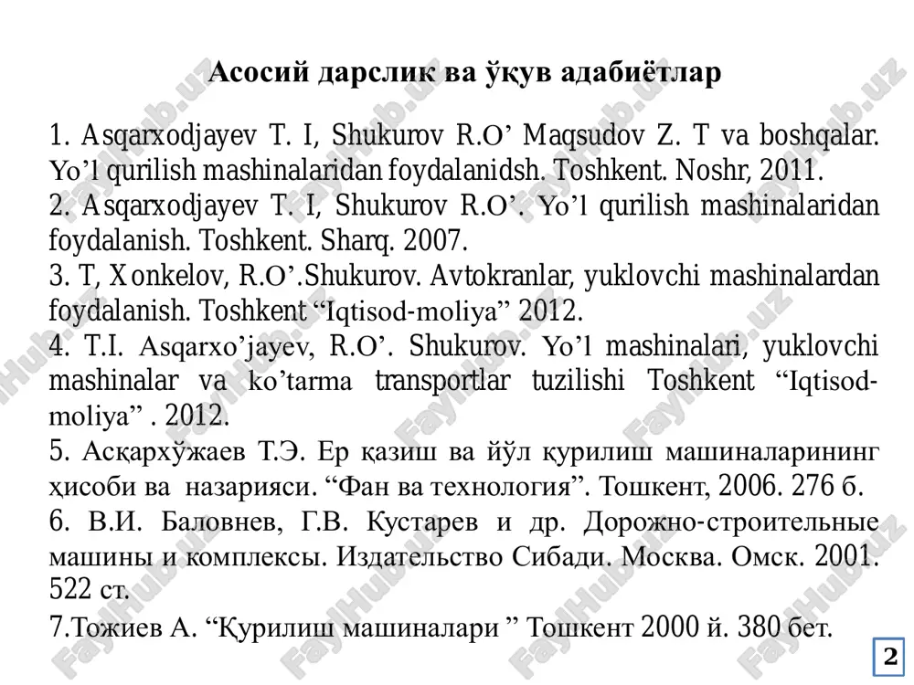 ichlash uchun ishlatiladigan mashina va jihozlar tuproqli inshootlarda to'shalgan gruntlarni zichligi va mustahkamligini qayta tiklash uchun kerakli bo'lgan ustuvorlik, yuk ko'tarish qobiliyati va suv o'tkazuvchanligini ta'minlash uchun qo'llaniladi. 6 • zichlash paytida gruntlarning namligi katta ahamiyat kasb etadi. • gruntga ta'sir etuvchi xar bir og'irlikka o'ziga mos optimal namlik to'g'ri keladiki, shundagina eng kam mikdordagi mexanik ish sarflagan xolda talab qilingan zichlikka erishish mumkin bo'ladi. • talab qilingan zichlikka erishish uchun namlik etarli bulmagan xollarda qator tadbirlar qo'llanishi kerak bulib, ularga masalan, zichlanayotgan qatlam kalinligini kamaytirish chorasi kiradi, juda quruq gruntlarni talabdagi zichlikka umuman keltirib bulmaydi. • standart zichlash usuli bilan aniqlanadigan gruntning optimal namligi w o'rta mashinalar ishiga mosdir. • og'ir mashinalar ishiga to'g'ri keladigan optimal namlik odatda (0,8 – 0,9)w ga teng. • 7 gruntzichlovchi mashinalar 2-rasm.pnevmakatok.1-rasm.valetsli katok. 3-rasm.kulachkli katok. 5-rasm.kombinatsiyalashgan katok. 4-rasm.vibratsion katok. 8 • silliq metal valetsli katoklar tasniflanishi • o'lcham turi bo'yicha • engil 5 …