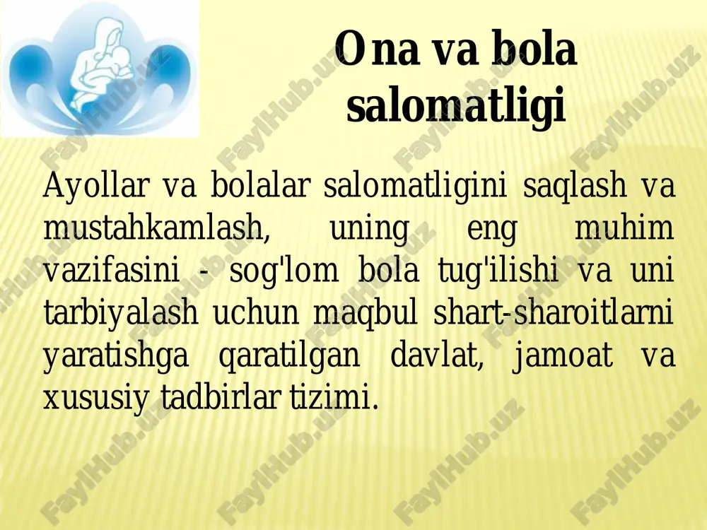 ng tuzilishi antenatal klinika ishining asosiy yo'nalishlari - tashkiliy-uslubiy ishlar: 1. buxgalteriya hisobi va hisobot hujjatlarini yuritish; 2. konferentsiyalar va seminarlar o'tkazish; 3. tibbiyot xodimlarining malakasini oshirish bo'yicha tadbirlarni tashkil etish. - tashkiliy-ommaviy ishlar: 1. sog'lom turmush tarzini targ'ib qilish, 2. kontratseptsiya bo'yicha maslahatlar. - profilaktika ishlari: 1. ayollarni tibbiy ko'rikdan o'tkazish ; 2. ayollarning maqsadli tekshiruvlari; 3. homilador ayollarni klinik tekshirish. - tibbiy yordam: 1. tug'ilishni tiklashda; 2. aniqlangan ginekologik kasalliklarni o'z vaqtida aniqlash va davolash; 3. o'z vaqtida kasalxonaga yotqizish; 4. ishga layoqatlilik imtihoni. antenatal klinika ishining xodimlar-normativ ko'rsatkichlari • antenatal klinikaning tashkiliy printsipi hududiy okrug. • akusher-ginekolog bo'limi - 3300 nafar 18 yoshdan oshgan ayollar. • ambulatoriya qabulida akusher-ginekologning yuki soatiga 5 ayol, uyga tashrif buyurishda - soatiga 2 kishi. • 5 kunlik ish haftasi bilan ish kunining davomiyligi 6,5 soat. • akusher-ginekologning tibbiy lavozimining vazifasi sog'lom ayollar, homilador ayollar va ginekologik bemorlarning 7000- 8000 maslahat tashrifi …