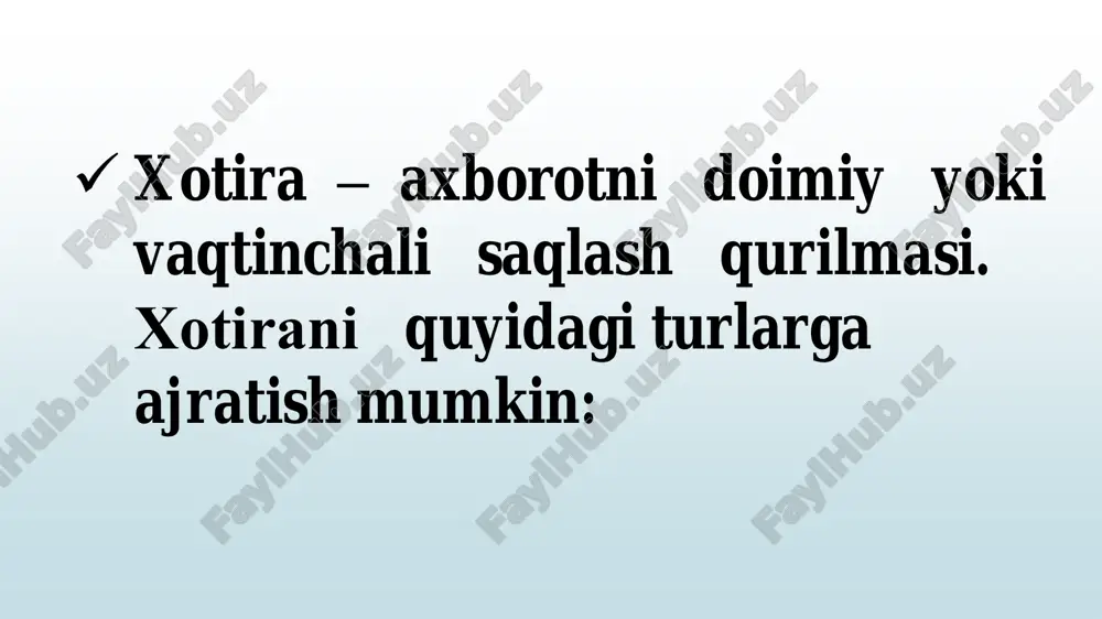 va diskdan o‘qish usuliga ko‘ra axborotlarni diskda jamlovchi vositalarni quyidagi turlarga ajratish mumkin: ✓magnitnli disklar (qattiq disk, floppi-diskovod); ✓optik (cd-rom, cd-rw, dvd-rom, dvd-rw – yurituvchilar); ✓magnit-optik. disk yuritgich flesh-xotira flash-xotira bu energiya talab qilmaydigan, qayta yoziladigan yarim o‘tkazgichli xotira. flash-xotira quyidagi afzalliklarga ega: energiya manbaiga bog‘langan emas – ma`lumotni saqlash uchun energiya talab qilmaydi (faqat o‘qish yoki yozishda ishlatiladi); qayta yozish – ma`lumotlarni o‘chirib, qayta yozish mumkin; yarim o‘tkazgich – mexanik xarakatlanuvchi qismlari yo‘q, integral mikrosxema asosida qurilgan. hdd, cd, dvd-larga nisbatan ishlayotgan paytida 10 -20 marta kam elektr energiya iste`mol qiladi; olib yurish uchun juda qulay; xajmi yetarli darajada katta. flash-xotiradan foydalanish uchun kompyuterda usb porti mavjud bo‘lishi kerak. bundan tashqari usb bog‘lamiga ulangan qurilmalarni to‘g‘ri aniqlaydigan operasion sistema xam bo‘lishi kerak: windows me, windows 2000, windows xp. kattiq disk – vinchester. bunday disk o‘z navbatida bitta o‘qqa mahkamlangan bir necha disk yaproqlaridan tashkil topadi. har bir disk yaprog‘iga …