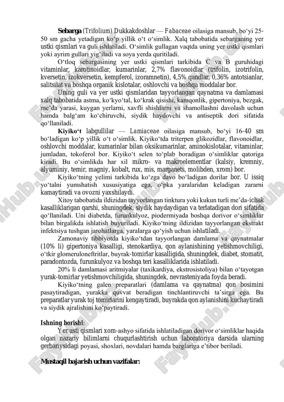 oq qismidan tayyorlangan moyli ekstrakti — karatolin kuyganni, tropik yaralarni, ekzema, teri kasalliklarini, yarali kolit va boshqa kasalliklarni davolashda ishlatiladi. na’matak turlarining ba’zilaridan vitaminli konsentratlar, sharbat tayyorlanadi, vitamin c (askorbin kislota) olinadi, quruq mevasidan tabletka tayyorlanadi. bu dorilar avitaminoz kasalligini davolashda va uning oldini olishda ishlatiladi. askorbin kislota ko‘pgina kompleks preparatlar tarkibiga kiradi. vitamin c kamroq bo‘ladigan na’matak turlaridan itburun na’matagi (mevasi tarkibida 0,2-2,2% gacha vitamin c bo‘ladi, xolos) mevasidan tayyorlangan xolosas preparati jigar kasalliklarini (xoletsistit, gepatit va boshqalarni) davolash uchun ishlatiladi. sebarga (trifolium) dukkakdoshlar — fabaceae oilasiga mansub, bo‘yi 25- 50 sm gacha yetadigan ko‘p yillik o‘t o‘simlik. xalq tabobatida sebarganing yer ustki qismlari va guli ishlatiladi. o‘simlik gullagan vaqtda uning yer ustki qismlari yoki ayrim gullari yig‘iladi va soya yerda quritiladi. o‘tloq sebargasining yer ustki qismlari tarkibida c va b guruhidagi vitaminlar, karotinoidlar, kumarinlar, 2,7% flavonoidlar (trifolin, izotrifolin, kversetin, izokversetin, kempferol, izoramnetin), 4,5% qandlar, 0,36% antotsianlar, salitsilat va …