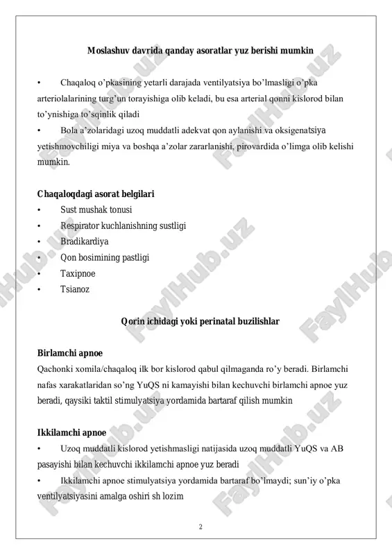 kislorod yetishmasligi natijasida uzoq muddatli yuqs va ab pasayishi bilan kechuvchi ikkilamchi apnoe yuz beradi • ikkilamchi apnoe stimulyatsiya yordamida bartaraf boʼlmaydi; sunʼiy oʼpka ventilyatsiyasini amalga oshiri sh lozim 3 1-20 a b c d airway – nafas yo'llari • agar kog'anoq suvlarida quyuq mekoniy va bola bo'shashgan bo'lsa traxeyadan so'rib olish breathing – nafas • 100% kislorod bilan bir daqiqada 40/60 marta yordamchi nafas berish • ko'krak qafasi xarakatini kuzatish (erkin, simmetrik xarakatlar) circulation – qon aylanishi • 1 daqiqada 30 nafas berishni 90 marta to'shga bosish bilan munosiblash (2 sekunda 3 marta bosib 1 marta nafas berish) • bosish chuqurligi ko'krak qafasi diametrining 1/3 qismiga teng drugs – dori darmonlar • jadvalga qara –chaqaloqlar reanimatsisi uchun 5-89 endotraxeal naychani tanlash • tug'ilgandagivazni va gestatsion yoshiga ko'ra tanlanadi • lozim bo'lsa 13-15 sm gacha qisqartirish mumkin • stilet shart emas naycha o'lchami(mm) mtr (kg) gestatsion yosh (vnutrenniy n) (nedeli) …
