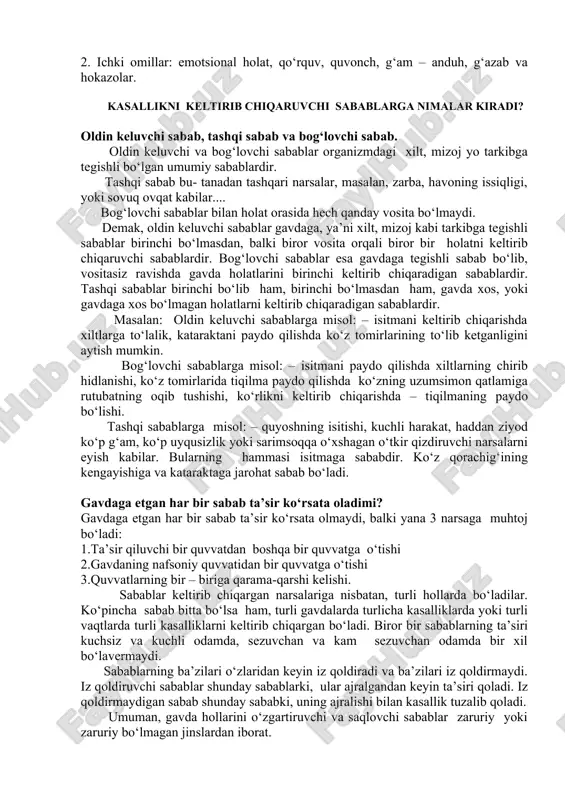 i uchtadir: 1) sog‘lik, inson gavdasining mizoji va tuzilishi shunday holatda bo‘ladiki, undan sodir bo‘ladigan fe’l va ta’sirlar to‘g‘ri va sog‘lom ravishda yuz beradi. 2) kasallik, bu odam gavdasining yuqoridagi holatga teskari bo‘lgan bir holatidir. 3) jolinusning fikricha, bo‘lmagan bir holatdir, bu holatda to‘la sog‘lomlik yoki to‘la kasallik bo‘lmaydi. masalan, qari odamlar, kasallik sog‘ayib borayotgan davr, yoki bolalarning holatlari kabi. ba’zan, ushbu ahvol sog‘lik va kasallikning birin ketin kelishidan paydo bo‘ladi. masalan, shunday toifali kishilar borki, ular qishda sog‘lom bo‘lib, yozda kasal bo‘ladilar. bu mavsumiy kasalliklarga xos xolatdir. ibn sino ta’limotiga asosan inson organizmiga ta’sir qilib, xastalikka sabab bo‘ladigan tashqi va ichki omillar mavjud: 1.tashqi omillar: ob - havo, yil fasli, ichimlik suvlari, oziq-ovqat mahsulotlari. 2. ichki omillar: emotsional holat, qo‘rquv, quvonch, g‘am – anduh, g‘azab va hokazolar. kasallikni keltirib chiqaruvchi sabablarga nimalar kiradi? oldin keluvchi sabab, tashqi sabab va bog‘lovchi sabab. oldin keluvchi va bog‘lovchi sabablar organizmdagi xilt, mizoj …
