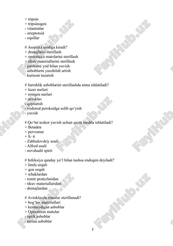 asboblar sterillanadi? + optik asboblar + sistoskoplar + rezinka asboblar - operatsiya matolari - halatlar - bog‘lov matolari # operatsiya maydoni qaysi modda bilan sterillanadi? + 2% yodni spirtdagi eritmasi + s- 4 + betoden - vodorod peroksid 6% eritmasi - alfred usulida - zabludovskiy usulida # peshona bog‘lami ishlatiladi. + boshga + qo‘llarga + oraliqga - boldirga - umurtqa pog‘onasiga - tos – son bo‘g‘imiga # boshoqsimon bog‘lam ishlatiladigan soha? + elka bo‘g‘im + elka usti + elkaning yuqori uchdan bir qismi - tos- son bo‘g‘imi - bilak- kaft bo‘gimi - boldir – panja bo‘g‘imi # transport immobilizatsiyasining maqsadi: + jabrlanuvchi transpartirovka qilishga sharoit yaratish + suyak bo‘laklarini siljishini oldini olish + suyaklar bitishiga optimal sharoit yaratish - suyak qoldig‘ini oldini olish - jigar shikastlanishi oldini olish - maxalliy anesteziya bilan og‘riqni kamaytirish # standart immobilizatsiya qiluvchiga kiradi: + to‘rli shina + narvonli shina + fandli shina - lapatka …