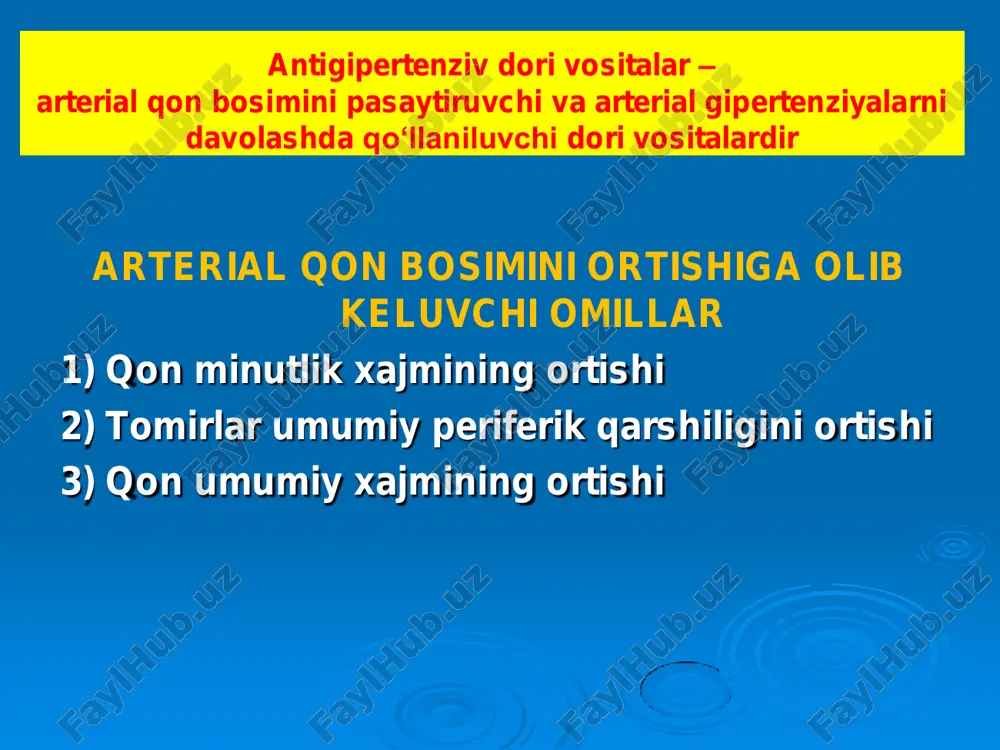iazepin xosilalari : diltiazem 2) kaliy kanallari aktivatorlari: diazoksid, minoksidil 3) no donatorlari: natriya nitroprussid, apressin antigipertenziv dori vositalari tasnifi antigipertenziv dori vositalari tasnifi  iii. renin-angiotenzin-aldosteron tizimiga ta’sir etuvchi dv:  1) ao‘f ingibitorlari: kaptopril, enalapril, lizinopril, ramipril  2) angiotenzin ii retseptori blokatorlari : lozartan, valsartan  iv. suv-elektrolit muvozanatiga ta’sir etuvchi dv (diuretiklar): dixlotiazid, furasemid, spironolakton markaziy ta’sir etuvchi gipotenziv dori vositalari ta’sir mexanizmi kaliy kanallari aktivatorlari. minoksidil va diazoksidning ta’sir mexanizmi. kaliy kationlarining xujayra ichidan chiqishi membrananing giperpolyarizatsiyasi kalsiy kanallarining bekilishi qon-tomir mediasi mushaklarining bo‘shashishi ab ning pasayishi no donatorlari natriy nitroprussid ta’sir mexanizmi organizmda no ajralishi bilan metabolizlanadi no sitozol guanilatsiklaza gemi bilan bog‘lanadi guanilatsiklaza faollashuvi miotsitlarda 3,5 sgmf to‘planishi ionlashgan kalsiyning sitozol konsentratsiyasining kamayishi miozin boshchalarining defosforlanishi arteriya va venalar mediyasi miotsitlarining relaksatsiyasi gidralazin (apressin) ta’sir mexanizmi endotelial bo‘shashtiruvchi omil (no) inaktivatsiyasini kamaytiradi arteriolalar va mayda arteriyalarga bo‘shashtiruvchi ta’sir etadi umumiy periferik qarshilikni pasaytiradi …