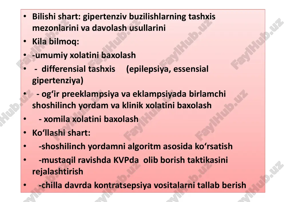 psiya rivojlanish xavfi paydo bo‘ladi paydo bo‘ladi umumiy endotelial disfunksiya bachadonni spiral arteriyalaridagi trofoblast invaziyasini buzilishi sitotrofoblast invaziyasi • ikkinchi faza etishmovchiligida spiral arteriyalarga trofoblast invaziyasi tufayli vazopressor faktorlarni mushak qavatni saqlab qoladi • • normal qon oqimiga to‘sqinlik qiladi • yo‘ldoshni aylanishi kamayadi• yo‘ldoshni qon aylanishi kamayadi • • fpe patogenezning asosiy bo‘g‘ini – endotelial disfunksiya endoteliyendoteliy trombotsitlar aktivlashishiturg‘un vazospazm trombotsitlartrombotsitlar aktivlashishiaktivlashishi vazokonstriktorlar ta’sirida qon tomirlar turg‘un (angiotenzin, endotelin, tromboksan) vazodilatatorlar ustidan ham (oksid azota, prostatsiklinlar) trombotsitlar adgeziya va aktivatsiyasi normal trombotsitlar trombotsitlar agregatsiyasi trombotsitlarni shikastlangan endoteliyga adgeziyasi va aktivatsiyasi preeklampsiyada mikrotsirkulyasiyani buzilishi endoteliy disfunksiyasi qon tomirlar ichi zanjiri preeklampsiyada mikrotsirkulyasiyani buzilishi qon tomirlar qon tomirlar ichi zanjiri qon oqimining buzilishi qon ivuvchanchigining ortishi trombotsitlar i eritrotsitlar agregatsiyasi xujayra membranasining buziluvchanligini pasayishi koagulyasion buzilishlar (dvs) aqxning pasayishi vazospazm qon tomirlar fibrozi gipoksiya gidrofillikni ortishi xujayra membranalarining struktur- funksional buzilishi shishlar adaptatsiyani buzilish integral natijasi: oqx kamayishioqx kamayishi (nisbatan gipovolemiya) …