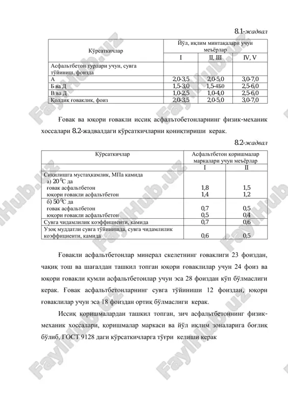 0 1,5-4b0 2,5-6,0 v va d 1,0-2,5 1,0-4,0 2,5-6,0 qoldiq g'ovaklik, foiz 2,0-3,5 2,0-5,0 3,0-7,0 g'ovak va yuqori g'ovakli issiq asfal'tobetonlarning fizik-mexanik xossalari 8.2-jadvaldagi ko'rsatkichlarni qoniqtirishi kerak. 8.2-jadval ko'rsatkichlar asfaltbeton qorishmalar markalari uchun me'yorlar i ii siqilishga mustahkamlik, mpa kamida a) 20 0s da g'ovak asfaltbeton yuqori g'ovakli asfaltbeton 1,8 1,4 1,5 1,2 b) 50 0s da g'ovak asfaltbeton yuqori g'ovakli asfaltbeton 0,7 0,5 0,5 0,4 suvga chidamlilik koeffitsienti, kamida 0,7 0,6 uzoq muddatli suvga to'yinishda, suvga chidamlilik koeffitsienti, kamida 0,6 0,5 g'ovakli asfaltbetonlar mineral skeletning g'ovakligi 23 foizdan, chaqiq tosh va shag'aldan tashkil topgan yuqori g'ovaklilar uchun 24 foiz va yuqori g'ovakli qumli asfaltbetonlar uchun esa 28 foizdan ko'p bo'lmasligi kerak. g'ovak asfaltbetonlarning suvga to'yinishi 12 foizdan, yuqori g'ovaklilar uchun esa 18 foizdan ortiq bo'lmasligi kerak. issiq qorishmalardan tashkil topgan, zich asfaltbetonning fizik- mexanik xossalari, qorishmalar markasi va yo'l iqlim zonalariga bog'liq bo'lib, gost 9128 dagi ko'rsatkichlarga to'g'ri kelishi …