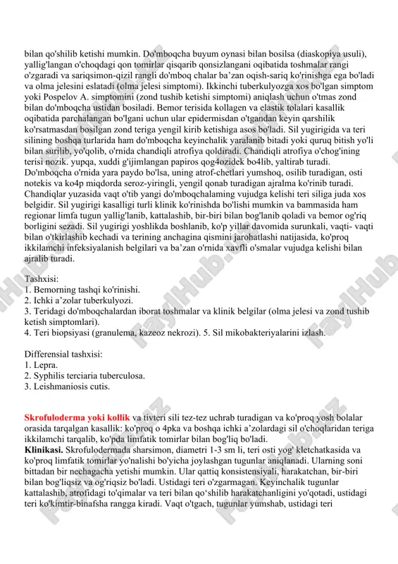 ajratish va davolash ko'proq ftiziatr yoki dermatovenerolog mutaxassislarning vazifasidir. sil yugirigi (sil volchankasi) teri silining eng ko'p uchraydigan turi bo'lib, asosan, yoshlikdan boshlanib, ko'proq bemorning yuzidagi terisini jarohatlaydi. olimlar teridagi xunuk jarohat o'choqlarini bo'ri gkajigan inson terisiga o'xshatib, kasallikka «volchanka» deb nom berganlar. shunday qilib, asosiy jarohatlar bemorning yuzida bo'lsa. ayrim bemorlarda qo'l-oyoqlarda yoki tanada joylashishi mumkin. toshmalar odatda a w a l terida yoki burunning shilliq pardalarida paydo bo'lib, keyinchalik atrofga tarqalib ketishi mumkin. klinikasi. tuberkulyoz do'mboqchalari (lyupomalar) chuqur joylashib, boshlanishda sariqsimon-qizil rangli, mayda 2-5 mm kattalikdagi, aniq chegarali dog' bo'lib ko'rinadi. bir necha oylar o'tib, yallig'lanish kuchayadi va do'mboqchalar teri sathidan aniq ko'tarilib, ko'zga tashlanib turadigan bo'ladi. do'mboq- chalarni paypaslaganda, yumshoq konsistensiyaligi aniqlanib, ular odatda og'riqsiz kechadi. vaqt o'tib, ular kattalashib bir-biri bilan qo'shilib ketishi mumkin. do'mboqcha buyum oynasi bilan bosilsa (diaskopiya usuli), yallig'langan o'choqdagi qon tomirlar qisqarib qonsizlangani oqibatida toshmalar rangi o'zgaradi va sariqsimon-qizil rangli do'mboq chalar …