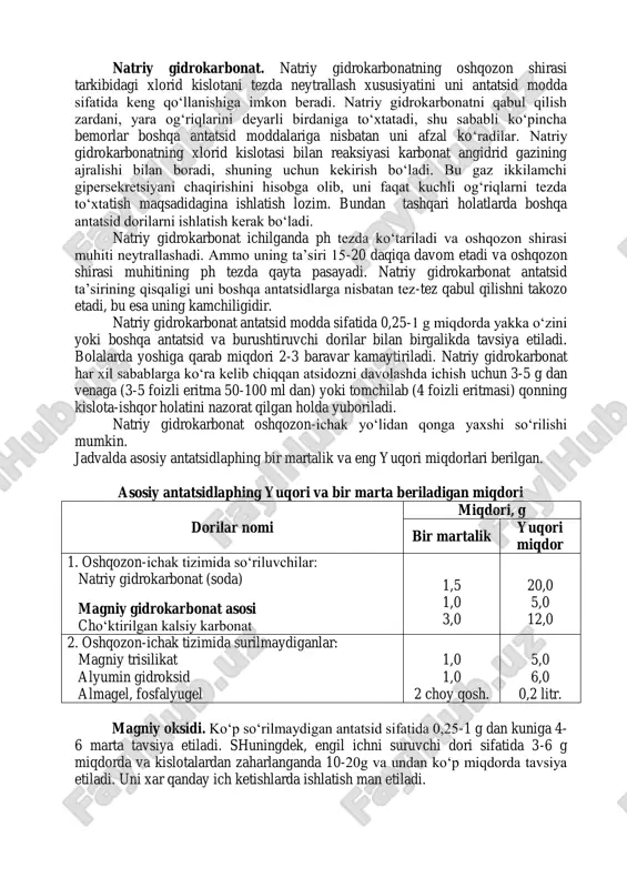 eorizm); - yara bitishiga ta’sir qilish; - qaytalanishlarning oldini olish. bemorga dori tanlash sekretsiya tabiatiga, helicobacter pylori topilishiga va oshqozon-ichak shilliq pardasida nukson (yara borligi)ga qarab o‘tkaziladi. antatsidlar. bularga natriy gidrokarbonat, kalsiy karbonat, magniy oksidi, magniy va alyuminiy gidroksidi, almagel, fosfalyugel, vikair, vikalin va boshqalar kiradi. bular bemorning sub’ektiv axvolini yaxshilaydi, yaraning bitishiga imkon beradi. biroq ular o‘zi yakka ishlatilganda yarani qaytishini to‘xtatmaydi. natriy gidrokarbonat. natriy gidrokarbonatning oshqozon shirasi tarkibidagi xlorid kislotani tezda neytrallash xususiyatini uni antatsid modda sifatida keng qo‘llanishiga imkon beradi. natriy gidrokarbonatni qabul qilish zardani, yara og‘riqlarini deyarli birdaniga to‘xtatadi, shu sababli ko‘pincha bemorlar boshqa antatsid moddalariga nisbatan uni afzal ko‘radilar. natriy gidrokarbonatning xlorid kislotasi bilan reaksiyasi karbonat angidrid gazining ajralishi bilan boradi, shuning uchun kekirish bo‘ladi. bu gaz ikkilamchi gipersekretsiyani chaqirishini hisobga olib, uni faqat kuchli og‘riqlarni tezda to‘xtatish maqsadidagina ishlatish lozim. bundan tashqari holatlarda boshqa antatsid dorilarni ishlatish kerak bo‘ladi. natriy gidrokarbonat ichilganda ph tezda …