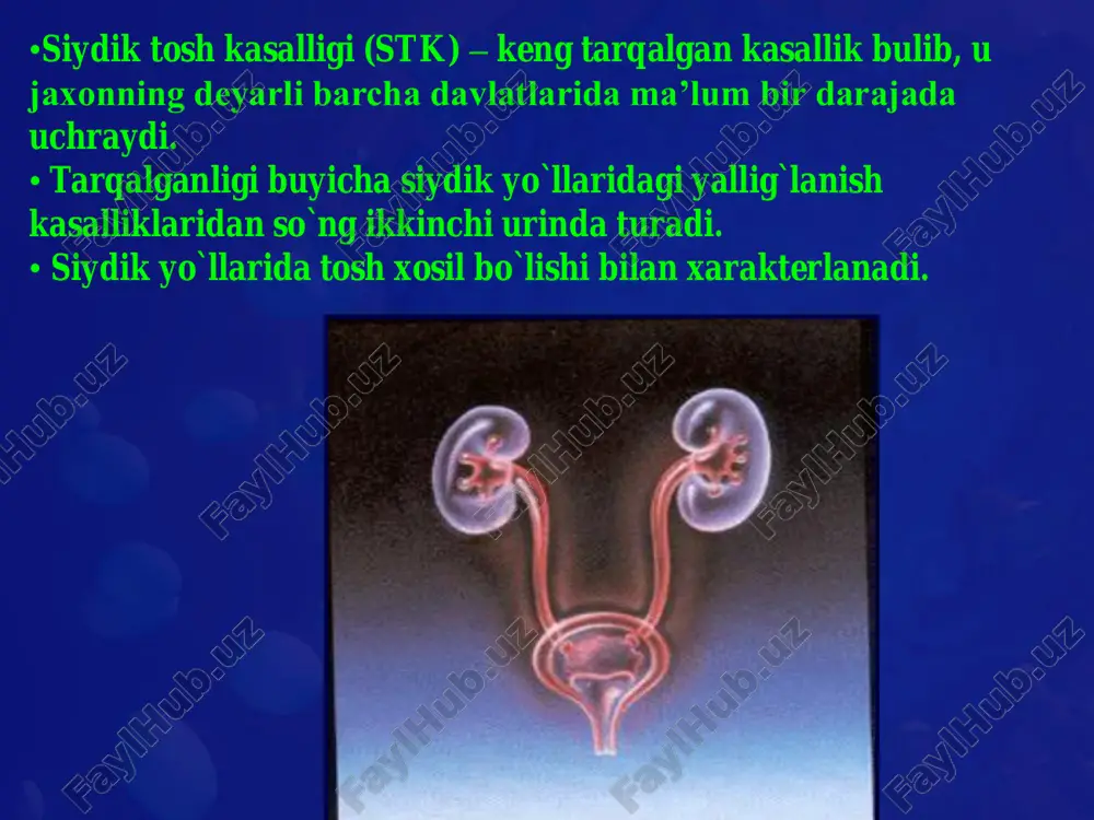 slotasi (vit. «s») sutkasiga 4 g ortik • sulfanilamidlar anomaliyalar, anatomik va funktsional uzgarishlar: • kanalchalar ektaziyasi (govaksimon buyrak) • kosacha divertikuli (kistasi) • takasimon buyrak • ureterotsele • siydik nayidagi torayishlar (strikturalar) • qovuk-siydik nayi reflyuksi klinikasi klinikasi  kalkuriya.  og`riq.  gematuriya.  anuriya.  buyrak yetishmovchiligining klinik belgilari.  dizuriya.  o`tkir siydik tutilishi. diagnostikasi anʼanaviy laborator tekshiruvlar: siydik taxlili (yoki indikator qog`oz testi): • - eritrotsitlar • - leykotsitlar • - bakteriyalar (nitrit testi) • - siydikning ph muxiti  kon zardobidagi kreatinin mikdori.  tana xarorati yuqori bulganda: • - s-reaktiv oqsil • - qondagi leykotsitlar • - siydik bakteriologik ekmasi kungil aynigan xollarda: • - qondagi natriy • - qondagi kaliy anʼanaviy laborator tekshiruvlar: •buyraklar ultratovushli tekshiruvi • qovuk ultratovushli tekshiruvi • buyraklar, siydik naylari va qovuk • obzor rentgenografiyasi • ekskretor urografiya stk  toshlar – akustik soyali yuqori exostrukturali dog`lar bir …