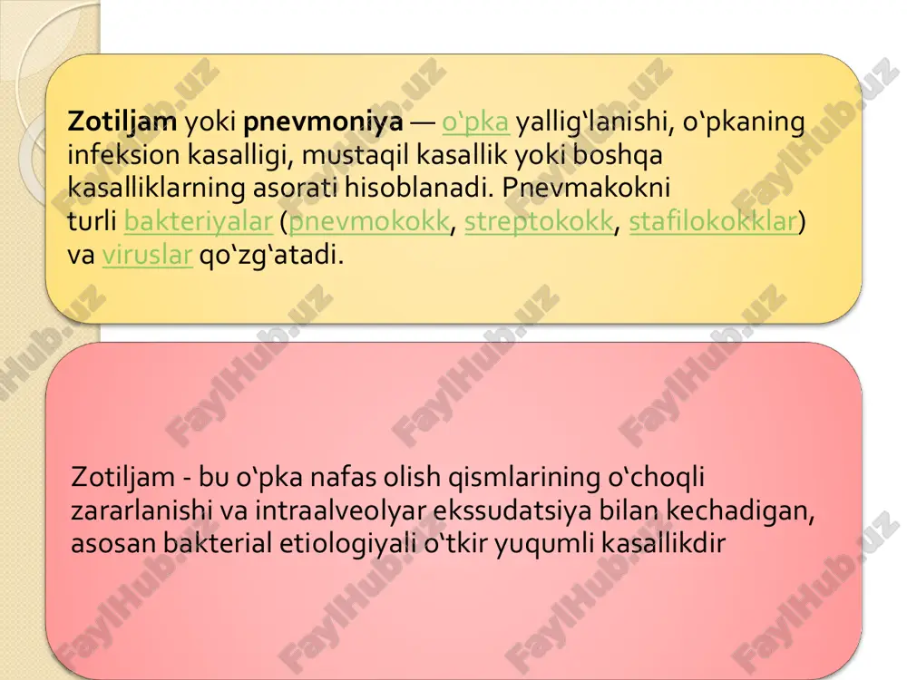 h imkoniyati yo‘q . kattalar orasida kasalxonadan tashqari zotiljamning 60- 80% ni bakteriyalar, 10-20% atipik mikroorganizmlar va 10- 15% ni viruslar keltirib chiqaradi. zotiljamning eng keng tarqalgan qo‘zg‘atuvchisi pnevmokokk (streptococcus pneumonia) bo‘lib, zotiljamlar holatlarining 30-50% ga sabab bo‘ladi, undan keyin gemofil tayoqchasi, gripp virusi va mikoplazmalar turadi . bemorlarning turiga qarab zotiljamning eng keng tarqalgan qo‘zg‘atuvchilari quyidagilar. zotiljamning klinik belgilari. - taxipnoe, - sianoz, - burun qanotlarining shishi, - nafas olishda yordamchi nafas olish mushaklarining ishtirok etish, qovurg‘alararo bo‘shliqlarning tortilishi, - o‘pkada perkussiya tovushining to‘mtoqlashishi, - o‘pkada auskultativ o‘zgarishlar: bronxial nafas, turli hirillashlar. 14 virusli yoki mikoplazma etiologiyali zotiljam bilan kasallangan homilador ayollarda ko‘pincha fizikal tekshiruvlarda patologik o‘zgarishlar bo‘lmaydi. • yo‘tal - 90% dan ortiq hollarda • balg‘amning yaxshi ajralishi – 66% • xansirash – 66% • plevral og‘riq – 50% nafas bilan bog‘liq simptomlar • isitma 38°s va undan yuqori yoki 36°s dan past bo‘lgan gipotermiya • bosh og‘rishi …