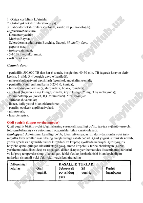 ng jarohatlanishi bilan boshlanadi va tezda ichki a’zolarni ham zararlaydi. teri sianotik rangda, shishgan bolib, asta-sekin zichlashaveradi va shu sababli harakat buziladi. kasallik progressi oqibatida boshqa soha terilari diffuz jarohatlanadi va terida kalsinoz, sklerodaktiliya va teleangiektaziyalar kuzatiladi. asosan, yuz terisi jarohatlanib zichlashadi, ajin-burmalar yo'qoladi, yuz ifodasiz, niqobsimon ko'rinishga kiradi, oglz, burun, ko'z kichiklashadi. bir vaqtning o'zida yutish qiyinlashadi, patologik o'zgarishlar qizilo'ngach, oshqozon, o'pka va buyraklarda ham kuzatilib, bemorlar ichki a’zolari jarohatlanishi oqibatida nobud boiadi. tashxisi: 1. o'ziga xos klinik ko'rinishi. 2. gistologik tekshiruvlar (biopsiya). 3. laborator tekshiruvlar (serologik, kardio va pulmonologik). differensial tashxisi: - dermatomyositis; - morbus raynaud; - sclerodermia adultorum buschke. davosi. m ahalliy davo: - geparin mazi; - troksevazin mazi; - 5-10 % li teonikol mazi; - solkoseril mazi. umumiy davo: - penitsillin 500.000 tb dan har 6 soatda, bosqichiga 40-50 mln. tb (agarda jarayon aktiv kechsa, 1-yilda 3-4 bosqich davo o'tkaziladi); - mikrosirkulyatsiyani yaxshilash (teonikol, andekalin, trental); …