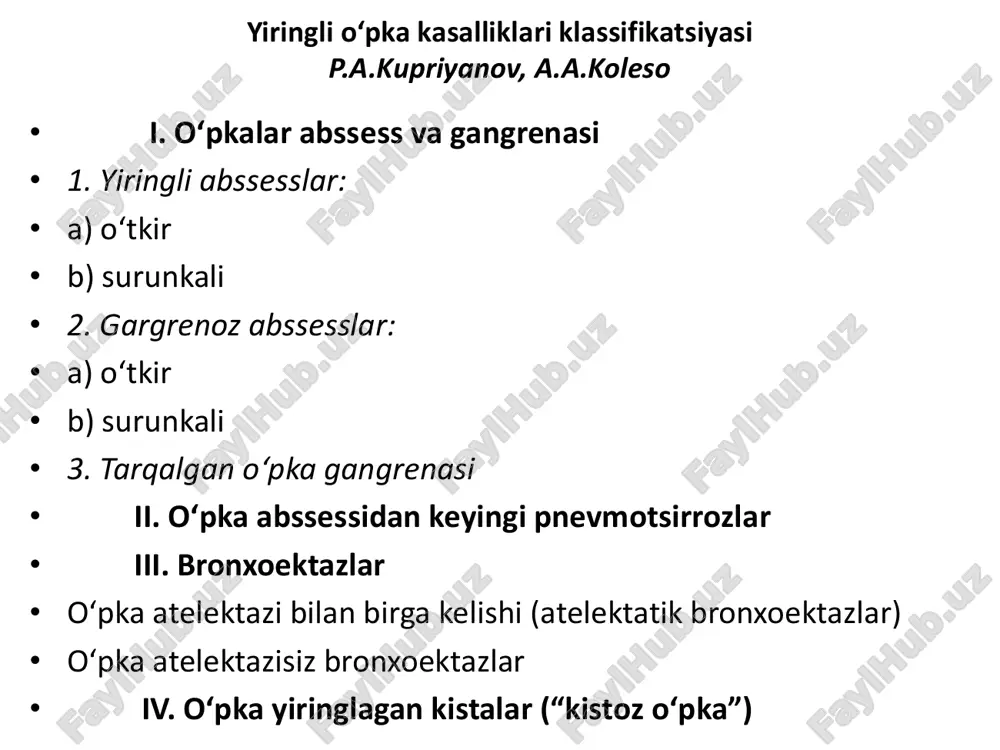 davolash xirurgik o’pkani qisman atipik rezeksiyasi lobektomiya pulmonektomiya operatsiyagacha abssess bo‘shdig‘ini kam invaziv usullar bilan sanatsiya qilinadi o‘pka abssessini transbronxial kateterlash usullari o‘pka abssessini transtorakal drenajlash usullari ikkala o‘pka polikistozi chap o‘pka polikistozi bronxoektatik kasallik - bu • bronx – o‘pka apparatining surunkali yallig‘lanish kasalligi bo‘lib, bronxlar devori elastik va yumshoq, mushak komponentlarining destruksiyasi munosabati bilan bronxlar kengayishidan iborat • axoli orasida bugungi kunda tarqalishi 0,3—1,2% tashkil qiladi. kasallik kuprok yoshlikda boshlanadi (5—25 yosh). bronxlar devori elastik va yumshoq, mushak komponentlarining destruksiyasi munosabati bilan bronxlar kengayishidan iborat bronxoektazlar o‘pkalarni paski bo‘lagida joylashgan bronxoektazlar oqibatida yoshlik davrda rivojlanadigan kasallik xisoblanadi bronxoektatik kasallik etiologiya va patogenez bek bronxial o‘tkazuvchanlik buzilishi bilan birgalikda obturatsion atelektazlar rivojlanishi (o‘smma, yiringli probka, yot jism yoki shilliq qavtni shishi, surafaktantni aktivligini pasayishi) bronxlar obturatsiyasi bo‘lgan joydan distalroq yiringli jarayon o‘tkazgan nafas yullari kasalliklari (o‘tkir pnevmoniya, qizamiq, koklyush) irsiyatga bog‘liq bo‘lgan bronxlar devoralarini zaifl etiologiya va patogenez • …