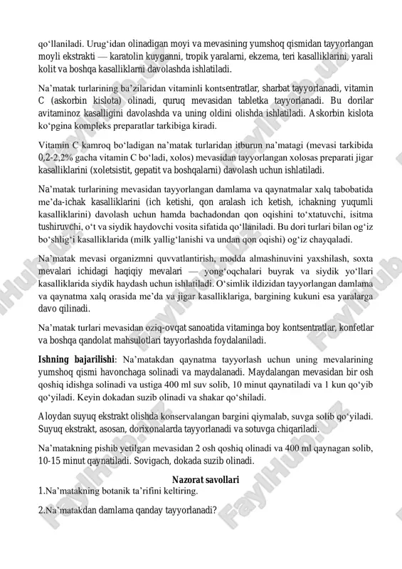 olma va boshqa) kislotalar, 18% gacha qandlar, 3,7% gacha pektin, 4,5% gacha oshlovchi moddalar, urug‘ida moy va boshqa birikmalar bor. ishlatilishi. na’matak turlarining mevasi turli vitaminlar saqlovchi polivitaminli mevalarga kiradi. yuqori vitaminli turlari (roza beggeriana schrenk. va rosa fedtschenkoana rgl.) avitaminoz kasalliklarini davolash va ularning oldini olish uchun qo‘llaniladi. urug‘idan olinadigan moyi va mevasining yumshoq qismidan tayyorlangan moyli ekstrakti — karatolin kuyganni, tropik yaralarni, ekzema, teri kasalliklarini, yarali kolit va boshqa kasalliklarni davolashda ishlatiladi. na’matak turlarining ba’zilaridan vitaminli kontsentratlar, sharbat tayyorlanadi, vitamin c (askorbin kislota) olinadi, quruq mevasidan tabletka tayyorlanadi. bu dorilar avitaminoz kasalligini davolashda va uning oldini olishda ishlatiladi. askorbin kislota ko‘pgina kompleks preparatlar tarkibiga kiradi. vitamin c kamroq bo‘ladigan na’matak turlaridan itburun na’matagi (mevasi tarkibida 0,2-2,2% gacha vitamin c bo‘ladi, xolos) mevasidan tayyorlangan xolosas preparati jigar kasalliklarini (xoletsistit, gepatit va boshqalarni) davolash uchun ishlatiladi. na’matak turlarining mevasidan tayyorlangan damlama va qaynatmalar xalq tabobatida me’da-ichak kasalliklarini (ich ketishi, qon …
