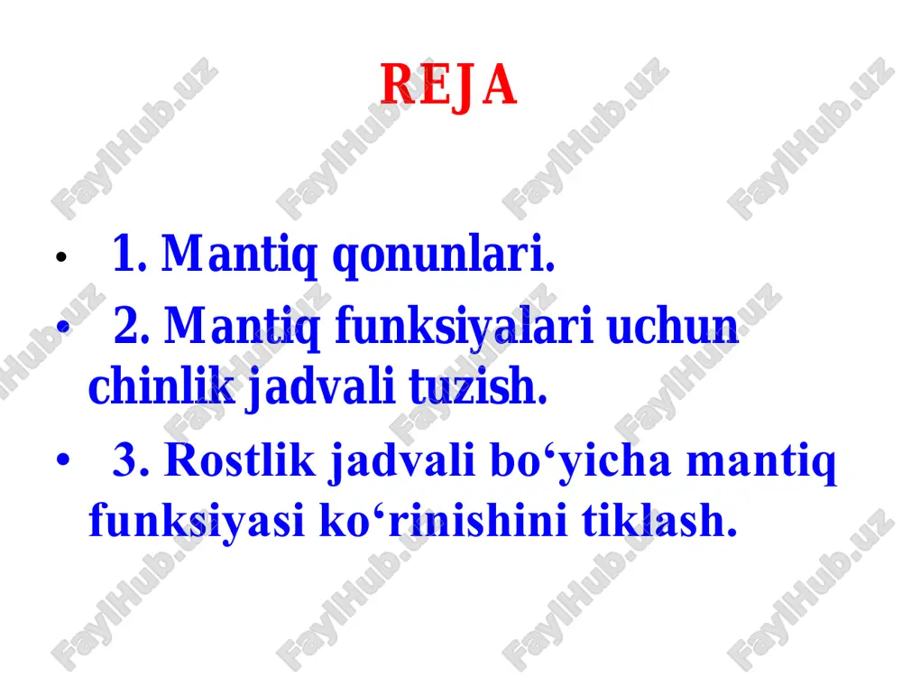 niyatlaridagina 1 ga teng bo‘lgan, boshqa imkoniyatlarda esa 0 ga teng bo‘lgan formulalarni yozib chiqamiz. buning uchun 1 ga teng bo‘lgan qatordagi fikr o‘zgaruvchilari qiymatlarini 1(rost) ga aylantirib, fikr o‘zgaruvchilari kon’yunksiyasini olish lozim. 2-qator uchun: ⌐a&⌐b&c; 6-qator uchun: a&⌐b&c; 8-qator uchun: a&b&c bo‘ladi. agar qatorlar bo‘yicha olingan formulalar diz’yunksiyasi olinsa hosil bo‘lgan formula qidirilayotgan formula bo‘ladi: α=α(a,b,c)= ⌐a&⌐b&c\/a&⌐b&c\/a&b&c (1) rostlik jadvalida α=α(a,b,c) formula 0 ga teng bo‘lgan qator nomerlarini yozib chiqamiz. 1-qator 3-qator 4-qator 5-qator 7-qator har bir qator mantiqiy imkoniyatlaridagina 0 ga teng bo‘lgan, boshqa imkoniyatlarda esa 1 ga teng bo‘lgan formulalarni yozib chiqamiz. buning uchun 0 ga teng bo‘lgan qatordagi fikr o‘zgaruvchilari qiymatlarini 0(yolg‘on) ga aylantirib, fikr o‘zgaruvchilari diz’yumksiyasini olish lozim. • shunda 1-qator uchun: a\/b\/c; 3-qator uchun: a\/b\/ ⌐c; 4-qator uchun: a\/⌐b\/⌐c; 5-qator uchun: ⌐a\/b\/c; 7- qator uchun: ⌐a\/⌐b\/c bo‘ladi. • agar qatorlar bo‘yicha olingan formulalar kon’yunksiyasi olinsa, hosil bo‘lgan formula qidirilayotgan formula bo‘ladi. • α=α(a,b,c)=(a\/b\/c)&(a\/b\/ ⌐c)& …