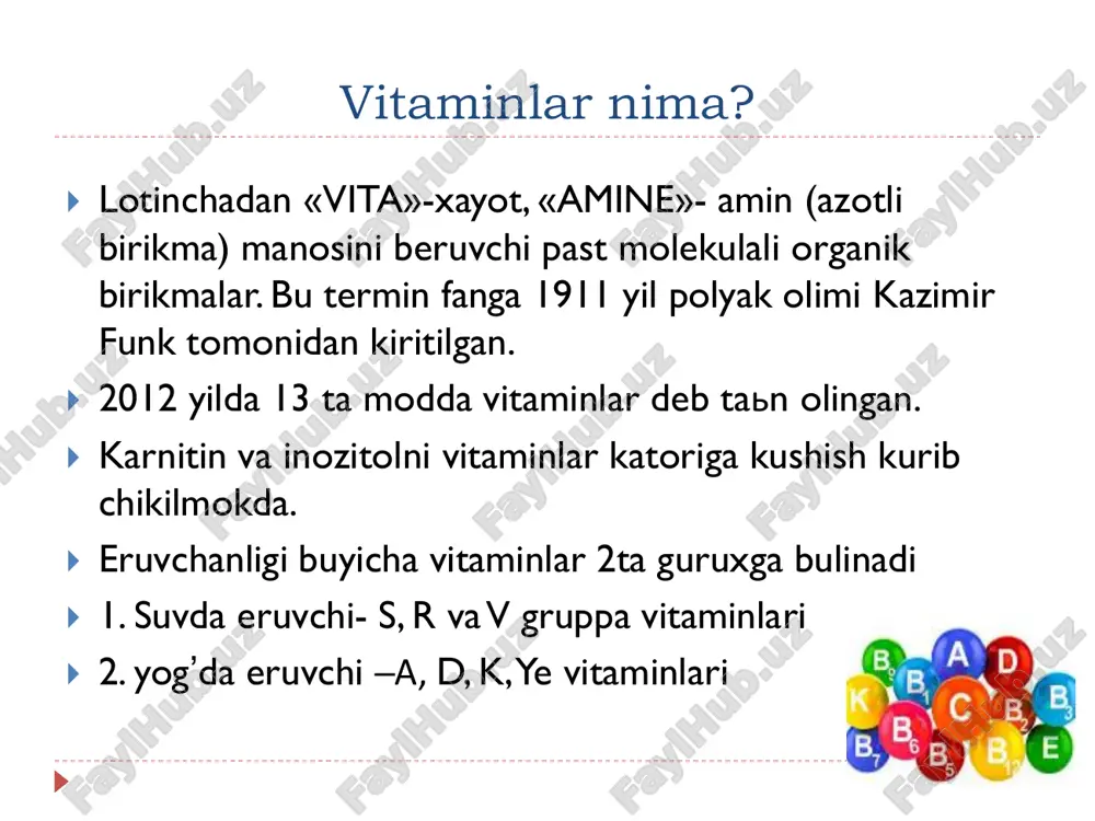 s://ru.wikipedia.org/wiki/%d0%92%d0%b8%d1%82%d0%b0%d0%bc%d0%b8%d0%bd_%d0%923 https://ru.wikipedia.org/wiki/%d0%92%d0%b8%d1%82%d0%b0%d0%bc%d0%b8%d0%bd_%d0%923 https://ru.wikipedia.org/wiki/%d0%a5%d0%be%d0%bb%d0%b8%d0%bd https://ru.wikipedia.org/wiki/%d0%a5%d0%be%d0%bb%d0%b8%d0%bd https://ru.wikipedia.org/wiki/%d0%9f%d0%b0%d0%bd%d1%82%d0%be%d1%82%d0%b5%d0%bd%d0%be%d0%b2%d0%b0%d1%8f_%d0%ba%d0%b8%d1%81%d0%bb%d0%be%d1%82%d0%b0 https://ru.wikipedia.org/wiki/%d0%9f%d0%b0%d0%bd%d1%82%d0%be%d1%82%d0%b5%d0%bd%d0%be%d0%b2%d0%b0%d1%8f_%d0%ba%d0%b8%d1%81%d0%bb%d0%be%d1%82%d0%b0 https://ru.wikipedia.org/wiki/%d0%92%d0%b8%d1%82%d0%b0%d0%bc%d0%b8%d0%bd_b6 https://ru.wikipedia.org/wiki/%d0%92%d0%b8%d1%82%d0%b0%d0%bc%d0%b8%d0%bd_b6 https://ru.wikipedia.org/wiki/%d0%92%d0%b8%d1%82%d0%b0%d0%bc%d0%b8%d0%bd_b12 https://ru.wikipedia.org/wiki/%d0%92%d0%b8%d1%82%d0%b0%d0%bc%d0%b8%d0%bd_b12 https://ru.wikipedia.org/wiki/%d0%92%d0%b8%d1%82%d0%b0%d0%bc%d0%b8%d0%bd_%d0%929 https://ru.wikipedia.org/wiki/%d0%92%d0%b8%d1%82%d0%b0%d0%bc%d0%b8%d0%bd_%d0%929 https://ru.wikipedia.org/wiki/%d0%92%d0%b8%d1%82%d0%b0%d0%bc%d0%b8%d0%bd_%d0%9d https://ru.wikipedia.org/wiki/%d0%92%d0%b8%d1%82%d0%b0%d0%bc%d0%b8%d0%bd_%d0%a1 metabolizm korrektsiyasi suvda eruvchi vitaminlar -organizmda toʼplanmaydi (depo yoʼq) suv bilan tashqariga chiqib ketadi. shuning uchun bu guruh vitaminlarga ehtiyoj juda katta. yogʼda eruvchi vitaminlar- jigar va yogʼ toʼqimasida (depo) toʼplanadi, shuning uchun bu gurux vitaminlarga ehtiyoj kam boʼladi, aksincha gipervitaminoz koʼp uchraydi. gipovitaminozlar  - organizmda bir yoki bir necha vitaminlar yetishmovchiligiga –gipovitaminoz deyiladi.  kelib chikish sababi vitaminlarni organizmga tulik tushmasligida.  gipovitaminoz sezilmasdan rivojlanadi. gipovitaminoz belgilari:  taʼsirchanlik  tez charchash;  dikatni kamayishi;  ishtaxa pasayishi;  uyku buzilishi. metabolizm korrektsiyasi  vitaminlarni uzoq vaqt yetishmasligi alohida organ va toʼqimalar faoliyatida koʼrinadi (teri,