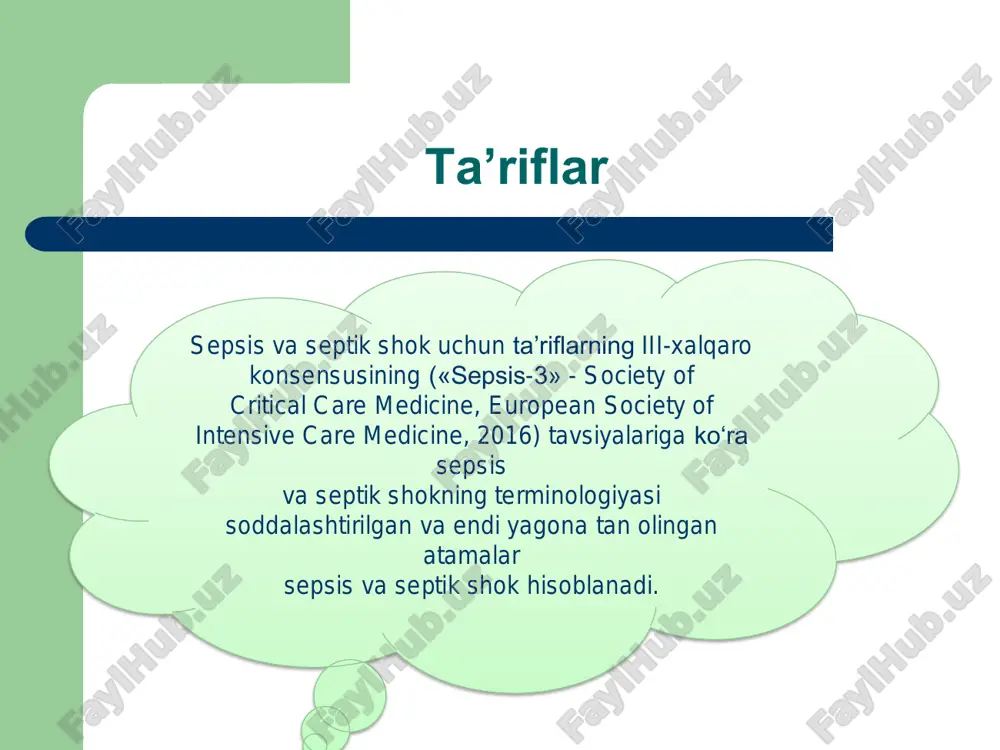 usherlik sepsisida infeksiyaning asosiy manbalari tug‘ruqdan oldingi tug‘ruqdan keyingi akusherlik sepsis septik abort endometrit noakusherlik sepsis septik abort endometrit xorioamnionit jarohat joyi infeksiyalanishi siydik chiqarish yo‘llarining infeksiyalari zotiljam (pnevmoniya) appenditsit oshqozon-ichak trakti akusherlik va ginekologiyada yiringli-septik asoratlarning asosiy qo‘zg‘atuvchilari gram-manfiy §escherichia coli § hemophilus influenzae § klebisiella species § enterobacter species § proteus species § pseudomonas s pecies § serratia species gram-musbat § pneumococcus § a, b, d guruhlari streptococcus § enterococus § staphylococcus aureus § listeria monocytogenes anaeroblar § bacteroides species § clostridium perfringens § fusobacterium species § peptococcus § peptostreptococcus sepsis – bu a’zo yoki a’zolar tizimining shikastlanishiga/disfunksiyasiga olib keladigan mezbon organizmining infeksiyaga boshqarib bo‘lmaydigan reaksiyasining natijasi. sepsis deyarli har qanday a’zolar tizimiga ta’sir qilishi mumkin. sepsis natijasida kelib chiqqan a’zolar shikastlanishi a’zolar tizimi klinik ko‘rinishi shikastlanish chastotasi markaziy nerv tizii ruhiy holat o‘zgarishi 93,3% yurak qon-tomir tizimi gipotoniya, miokard disfunksiyasi 83,3% nafas olish tizimi o‘rds 100% oshqozon-ichak …