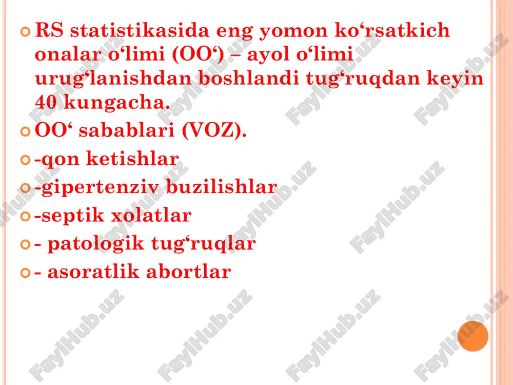 lik. . xar bir tabletka tarkibida estrogen va progesteron soni 3 xil kombinatsiyada bo‘ladi(masalan, 6/5/10) – triziston, trikvilar, triregol tablekalar spk spt ”mini pili”, eksklyuton , femulen 35 ta tabletka: (levonorgestrel) spi dmpa (depo-provera) 150 mg xar 3 oyda 1marta. net – en (noristerat) 200mg xar 2 oyda 1marta ter osti implantantlar 6 ta silikondan tayyorlangan tayoqchalar tarkibida ( levonorgestrel ) 5 yilga biv gormonal (mirena) aoklarni qo‘llashga ko‘rsatmalar: •abortdan keyin barcha reproduktiv yoshdagi ayollar •temir yetishmovchilik kamqonligi bor ayollar boshqa kontratseptiv usulidan foydalana olmaydigan ayollar •giperpolimenoreyasi bor ayollar emiziklik ayollar(6 oydan so‘ng) afzalliklari: yuqori effektligi qo‘llashda osonligi xoxlagan vaqtgacha qo‘llanilishi ayol o‘zi xoxlaganda to‘xtatishi mumkinligi nokontratseptiv afzalliklari. quyidagilarni oldini oladi ektopik xomiladorlik tuxumdon kistasi endometriy raki sut bezlarini yaxshi sifatli o‘smalari chanoq a’zolarini yallig‘lanishi aok larga mutloq qarshi ko‘rsatmalar 6 oygacha emizikli ayollar 35 yoshdan katta ko‘p chekuvchi ayollar qon ivish sistemasida buzilishlar xomiladorlik aniqlangan yoki shubxali. jigar sirrozi. …