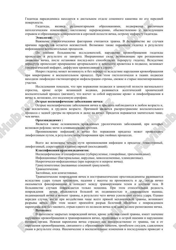 mi vne polosti sobstvennoy vlagalishnoy obolochki. takoy perekrut xarakteren dlya novorojdennix i ochen redko vstrechaetsya u bolee starshix detey. 2. vnutriobolochechnaya (intravaginalnaya). perekrut semennogo kanatika proisxodit v otrezke ego, raspolojennom nad yaichkom, libo v polosti sobstvennoy vlagalishnoy obolochki. takaya patologiya chashe nablyudaetsya u detey starshe 3 let i preobladaet v 10–16-letnem vozraste. 3. perekrut mejdu pridatkom i yaichkom nablyudaetsya krayne redko i tolko pri nedorazvitii verxnix i nijnix svyazok pridatka. patogenez: v mexanizme razvitiya zavorota yaichka vedushuyu rol igraet rezkoe vnezapnoe sokrashenie kremasternoy mishtsi, volokna kotoroy imeyut spiralevidniy xod. sut patogeneza bolshinstva ostrix zabolevaniy organov moshonki sostavlyayut ostrie tsirkulyatornie rasstroystva krovo- i limfoobrasheniya v yaichke. porajenie testikulyarnoy tkani, yavlyayusheesya sledstviem etix rasstroystv, zachastuyu privodit k gibeli polovoy jelezi. gidatidi eto rudimentarnie otrostki myullerovix i volfovix protokov embriona, kotorie ne podverglis polnoy reduktsii i soxranilis v vide nebolshix soedinitelnotkannix obrazovaniy na organax moshonki. v podavlyayushem bolshinstve sluchaev vstrechaetsya gidatida yaichka. ona …