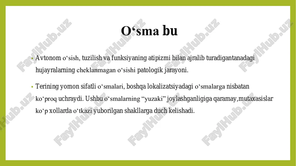 day kasbdagi kishi narda xavfli usma paydo bulishi mumkin. kasallikning sabablari viruslar natijasida kelib chiqqan usmalar xali yaxshi urganilmagan. birinchisi obligat kasalliklar: pigmentli kseroderma va bouen kasalligi. terining obligat saraton oldi kasalliklari nisbatan kam uchraydi, sekin rivojlanadi, birok, saratonga aylanadi. ikkinchisi fakultativ saraton kasalliklari: surunkali dermatitlar, uzok, bitmaydigan jarohat va yaralar, chandikdar, surunkali distrofik va yalliklanish jarayonlari. bu guruxdan eng xavflilari qarilar keratozi, teri shox pardasi kasalliklari va keratoakantoma x,isoblanib, ular 10—15% xollarda saratonga aylanadi usma oldi kasalliklari 2 xil buladi: tis — invaziyasiz (in situ) saraton; t0 — birlamchi usma aniklanmaydi; t1 — usma 2 sm yoki eng katta ulchami undan kichikroq deyarli yuzaki yoki ekzofit kurinishda; t2 — usma 2 sm dan katta, birok, 5 sm dan kichik, ulchamiga qaramasdan dermani infiltratsiyalaydi; t3 — usma eng katta ulchamda — 5 sm dan kattaroq yoki ulchamiga qaramasdan dermani chukur infiltratsiyalaydi; teri saratoniniing tnm tasnifi i boskich: usma yoki yaraning …