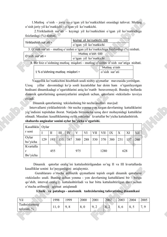 hi. misol: «n» shahridagi zotiljam kasalligi bilan og’rigan bemorlarni muqim shifoxonalarda o’rtacha davolanish muddatlari (kunlarda) o’rtacha davolanish muddati (kunlarda) mut- loq o’sish yirik- lashish sur’ati (%) o’sish sur’ati 1%mutloq qiymati yaqqollik ko’rsatichi 2000 2001 2002 2003 2004 2005 23, 0 22, 0 20, 0 19, 0 18, 0 20, 0 - 1 - 2 - 1 - 1 +2 95, 7 90, 9 95, 0 94, 7 11, 1 - 4,3 - 9, 1 - 5, 0 - 5, 3 +11,1 0, 23 0, 22 0, 20 0, 19 0,18 100 95, 7 87, 0 82, 0 78, 3 87, 0 1.mutloq o’sish – joriy va o`tgan yil ko’rsatkichlari orasidagi tafovut. mutloq o’sish joriy yil ko’rsatkichi – o`tgan yil ko’rsatkichi. 2.yiriklashish sur’ati – keyingi yil ko’rsatkichini o`tgan yil ko’rsatkichiga foizlardagi (%) nisbati. yiriklashish sur’ati = keyingi yil ko’rsatkichi ·100 o`tgan yil ko’rsatkichi 3. o’sish sur’ati – mutloq o’sishni o`tgan yil …