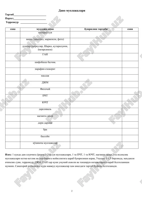 auskultativ: vezikulyar nafas, bronxial nafas xirillash: kuruk, nam, xushtaksimon, tarkalgan yurak-qon tomir tizimi: kb mm.sm.ust; puls 1minutda marta- ritmik, aritmik, auskultativ: yurak tonlari ritmik, aritmik, bug'iq, tiniq, botnik nuktasida 2 ton aktsenta bor, yuk til: toza, nam, quruq. karashlangan qorin bushligi: og'riqsiz, og'riqli jigar va taloq; palpatsiyada: kattalashmagan, kattalashgan ich kelishi: muntazam, qabziyatli, buzilgan buyrak: pasternak simptomi ijobiy, salbiy ikki tomonlama, ung, chap peshob kelishi_______________________ davo muolajalari tartib parxez terrenkur sana muolaja nomi buyurilish tartibi soni mineral suv vanna (mineral, marjonli, fito) dushlar (tsirkulyar, sharko, kutariluvchi, yomg'irsimon) gai shifobaxsh balchiq parafin-ozokerit massaj djm fitochoy pcht yucht darsenval magnito-lazer dori-darmon spa basseyn qo'shimcha muolajalar izox: 1 kunda dam oluvchiga o'rtacha 1-2ta suv muolajalari, 1 ta pcht, 1 ta yucht, magnito-lazer, 1ta issiqliq muolajalari ketma-ketlik va bir-biriga moyilligiga qarab buyurilishi kerak, uqalash 1-1,5 birlikda, ma'danli ichimlik suvi, terrenkur, djm, gai xar kuni umumiy axvoli va tekshiruv natijalariga karab belgilanishi mumkin. sanatoriy ixtisosiga …