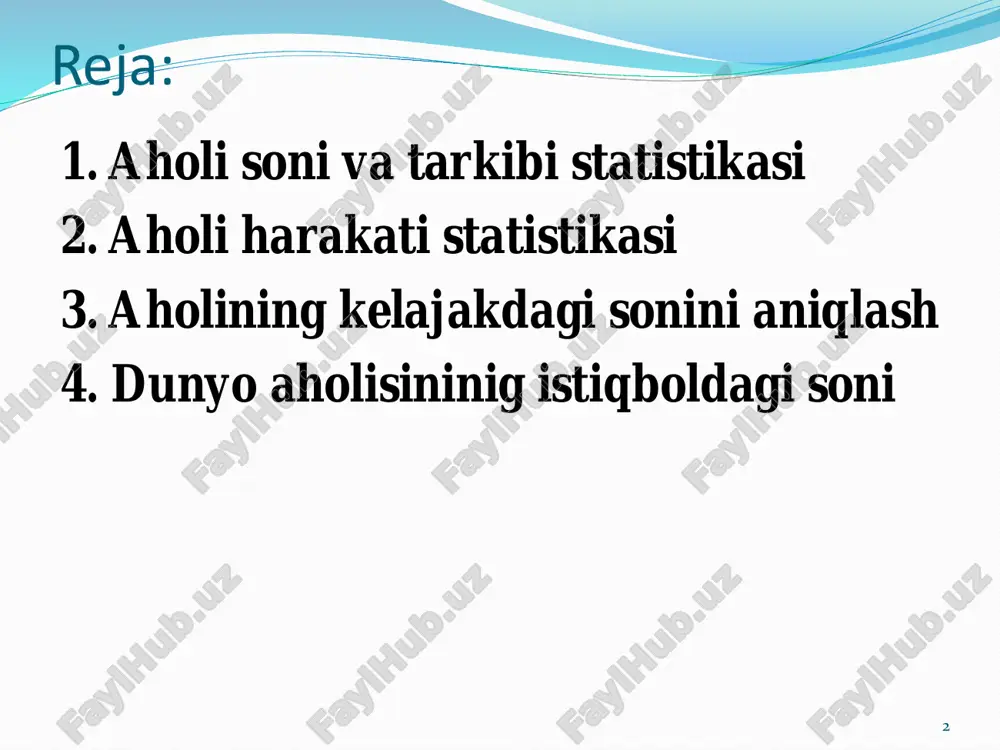 alari ( qaysi aholi punktida yashayotganidan qatiy nazar) mazkur aholi punktida doimiy yashovchi aholini tushunamiz. mavjud aholi deganda ro’yhatga olish vaqtida ( yashash joyi doimiy yoki vaqtinchalik bo’lishidan qatiy nazar) mazkur aholi punktlarida bor bo’lgan aholi tushuniladi. vaqtinchalik yo’qlar - aholini ro’yhatga olish momentlaridan boshlab shu aholi punktidan tashqariga ketgan kishilar tushuniladi. ro’yhatga olinayotganda ular doimiy aholiga kiradi. vaqtincha yashovchilar jumlasiga (kritik) aholini ro’yhatga olish momentida aynan shu joyda hozir bo;gan, lekin doimiy yashash joyidan tashqari bo’lgan shaxslar kiradi. 7 da = ma + vyo’ – vya bu erda : da- doimiy aholi soni: vyo’- vaqtincha yo’qlar vya-vaqtincha yashayotganlar ma = da + vya – vyo’ 8 2. aholi harakati statistikasi 9 aholi harakati ko’rsatkichlari aholining tabiiy harakatini, tug’ilishi va o’lishini, nikohdan o’tganlar va ajralganlar sonini tavsiflovchi ko’rsatkichlar aholining migratsiyasini tavsiflovchi ko’rsatkichlar a aa k lotug to 1000)( '' '   10 tug’ilish koeffitsienti a a k lo o …