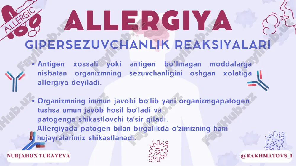 antitana kompleksi semiz hujayra va bazofillar antitana vositasida fiksatsiyalanadi @rakhmatovs_1nurjahon turayeva ii tip→sitotaksik tipdagi allergik reaksiya tez va gumoral immunitet bilankechisi antigen antitana fiksatsiyalangan autoantigenlar igg1-3, igm antigen antitana kompleksi hujayra membranasiga antigen vositasida fiksatsiy @rakhmatovs_1nurjahon turayeva iii tip→immunokompleksli tipdagi allergik reaksiya tez va gumoral immunitet bilankechisi antigen antitana fiksatsiyalanmagan erkin va yod igg1-3, igm antigen va antitana kompleksi hech qanday hujayra yuzasiga birikmasdan qon tomir yoki toʻqima suyuqligida suzib yuradi @rakhmatovs_1nurjahon turayeva iv tip→sekin kechuvchi gipersezuvchanlik reaksiyasi sekin kechadi va hujayraviy immunitet rivojlanadikechisi antitana antitanalarsiz kechadi cd8, th1, th17 lar ishtirok etadi @rakhmatovs_1nurjahon turayeva allergik reaksiyalar 3 bosqichda kechadi 01 sensiblizatsiya bosqichi patakimyoviy bosqichi patafiziologik bosqich 02 03 bu bosqichning asosiy mohiyati antitanalar sentizlashdan iborat! bu bosqichning asosiy mohiyati mediatorlar sentizlashdan iborat mediatorlar taʼsirida klinik belgilar kelib chiqadi @rakhmatovs_1 nurjahon turayeva 2- bosqich → patakimyoviy bosqichi granula ichidagi tayyor mediatorlar deno va yangidan sintezlanuvchi mediatorlar gistamin serotonin geparin ecf …