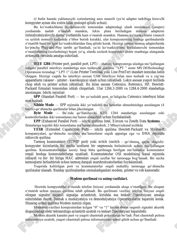 o‗rtasidagi almashinuvni amalga oshirish (ya‘ni o‗zining magistral manzilini tanish, kompyuterga axborot uzatish va kompyuterdan axborot qabul qilish, kompyuter uchun uzilish signalini hosil qilish va hokazolar) kiradi. tarmoq vazifalari esa adapterlarni tarmoq bilan muloqotini bilan ta‘minlashdir. kompyuter tarkibida adapter platasini ravon ishlashi uchun uning asosiy ko‗rsatkichlarini to‗g‗ri o‗rnatish kerak : a) kiritish-chiqarish portining asos manzilini (ya‘ni manzil maydonining boshlanish manzilini, u orqali kompyuter adapter bilan muloqot qiladi) ; b) foydalaniladigan uzilish nomeri (ya‘ni taqiqlash yo‗lining nomeri, u orqali kompyuterga adapter o‗zi bilan axborot almashinuvi zarurligi haqida xabar beradi ) ; c) bufer hamda yuklanuvchi xotiralarning asos manzili (ya‘ni adapter tarkibiga kiruvchi kompyuter aynan shu xotira bilan muloqot qilishi uchun). bu ko‗rsatkichlarni foydalanuvchi tomonidan adapterdagi ulash moslamasi (jamper) yordamida tanlab o‗rnatish mumkin, lekin plata beriladigan maxsus adapterni initsializatsiyalovchi dastur yordamida ham o‗rnatish mumkin. hamma ko‗rsatkichlarni (manzil va uzilish nomeri) tanlashda e‘tibor berish kerakki, ular kompyuterning boshqa qurilmalarida o‗rnatilib band bo‗lgan ko‗rsatkichlaridan farq …