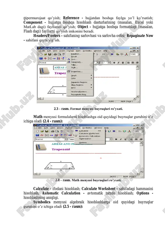 ani hisoblash; calculate worksheet - sahifadagi hammasini hisoblash; automatic calculation - avtomatik tarzda hisoblash; options - hisoblashning aniqligi. symbolics menyusi algebraik hisoblashlarga oid quyidagi buyruqlar guruhini o’z ichiga oladi (2.5 - rasm): 2.5 – rasm. symbolics menyusi buyruqlari ro’yxati. evaluate - hisoblash; simplify - ixchamlash (soddalashtirish); variable - o’zgaruvchilar bilan ishlash; matrix - matrisalar bilan ishlash. 2.2. formulalarni kiritish formulalar – ishchi varaqning asosiy ob’yektlari (elementlari) hisoblanadi formula elementlarini kiritish uchun quyidagi panellardan foydalanish mumkin: - sonlar, matematik belgilar va ko’p ishlatiladigan standart funksiyalarni kiritish uchun calculator boshqarish paneli (2.6 - rasm); 2.6 – rasm. calculator paneli. - grafiklarni tuzish uchun graph boshqarish paneli (2.7 - rasm); 2.7 – rasm. graph paneli. - vektorlar va matritsalarni, matritsali amallar belgilarini kiritish uchun matrix boshqarish paneli (2.8 - rasm); 2.8 – rasm. matrix paneli. - hisoblash operatorlari va mantiqiy amallar belgilarini kiritish uchun evaluation boshqarish paneli (2.9 - rasm); 2.9 – rasm. …