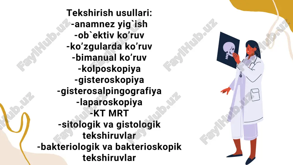 hadon bo’yni va qin shilliq qavati holatini baholash; jarohat o’chog`ini baholash; yaxshi va yomon sifat o’smalarni differentsirovka qilish surtma va biopsiya uchun material olish. to’qimalar rangi tomirlar holati shilliq qavat yuzasi bezlar holati aniqlangan hosilalar holati (aniq noaniq) kolposkopiyada baholanadi ekzofit kondilomalar – papillomavirusli infeksiya sababli paydo bo’ladi; yallig`lanish – diffuz yoki lokal ko’rinishda bo’lishi mumkin; atrofiya – estrogen gormonlarini yetishmasligi sabablai kelib chiqadi ko’pincha postmenopauzada kuzatiladi; yara (chin eroziya) – epiteliyning lokal bo’lmasligi,yallig`lanish gormonal disbalans yoki jaroxatlar sababli paydo bo’ladi. endometrioz o’choqlari kolposkopiyada nuqtali ko’kimtir rangdagi yoki qonayotgan kistalar ko’rinishida aniqlanadi. bachadon bo’yni poliplari– bachadon bo’yni servikal kanalidan chiqib turuvchi hosilalar ko’rinishida aniqlanadi. bitta yoki bir nechta aniqlanishi mumkin. kolposkopik tekshiruvda aniqlanadigan aralash hosilalar: qorachiq simptomi qirqbo`g`im simptomi ko`zgularda ko`ruv ovulyatsiyada bazal haroratni ko`rinishi ovulyatsiyasiz bazal haroratni ko`rinishi bachadon bo`yni shillig`i cho`ziluvchanligini aniqlash qorin palpatsiyasi gisteroskopiya – bachadon bo’shlig`ini optik qurilma yordamida bachadon bo’yni orqali tubusini kirgizib ko’rish. maloinvaziv …