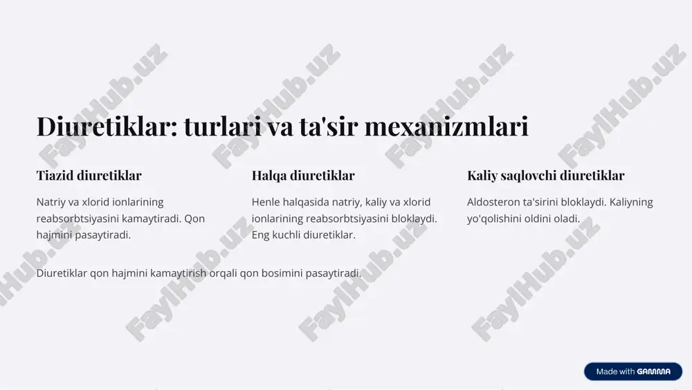 adi. qon bosimini pasaytiradi. nifedipin, amlodipin. 2 n�dlhld«�¨l«ldl��a« yurak urishini sekinlashtiradi. qon bosimini pasaytiradi. verapamil, diltiazem. kaltsiy kanallari blokerlari kaltsiyning hujayralarga kirishini bloklaydi. https://gamma.app/?utm_source=made-with-gamma a�fa-b��}e«�a«: ¼�a«�l�g «��l ða che}�a¯h�a«l 1 2 alfa-blokerlar alfa-adrenergik retseptorlarni bloklaydi. r��l qon tomirlarini kengaytiradi. prostata mushaklarini bo'shashtiradi. che}�a¯h�a«l bosh aylanishi, postural gipotenziya. boshqa dorilar bilan o'zaro ta'siri. https://gamma.app/?utm_source=made-with-gamma ma«}aßl× ·a'¯l« e·¼ðchl d�«l�a« 1 k���ldl� 2 me·l�d�¨a 3 g¼a�fa·¯l� markaziy ta'sir etuvchi dorilar miyadagi alfa-2 adrenergik retseptorlarni stimullaydi. qon bosimini pasaytiradi. https://gamma.app/?utm_source=made-with-gamma va¯�dl�a·a·�«�a«: beð�¯l·a ·a'¯l« e·¼ðchl d�«l�a« gld«a�aßl� qon tomirlarining silliq mushaklarini bo'shashtiradi. qon bosimini pasaytiradi. ml��}¯ldl� kaliy kanallarini ochadi. qon tomirlarini kengaytiradi. vasodilatatorlar qon tomirlarini kengaytiradi. https://gamma.app/?utm_source=made-with-gamma k��bl�a·¯l×a�a�ga� ¨«e¨a«a·�a« ða ¼�a«�l�g afßa��l}�a«l sl�e«gl×a dorilarning birgalikdagi ta'siri kuchayadi. q¼�a×�l} bemor uchun qulay qabul qilish tartibi. yaö¯hl �¼ð�flª�l} davolanishga yaxshi rioya qilish. kombinatsiyalangan preparatlar bir nechta dorining afzalliklarini birlashtiradi. https://gamma.app/?utm_source=made-with-gamma