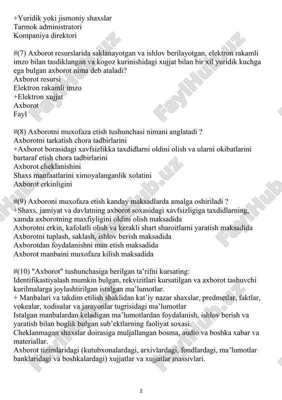 tli olish va kerakli shart sharoitlarni yaratish maksadida axborotni tuplash, saklash, ishlov berish maksadida axborotdan foydalanishni man etish maksadida axborot manbaini muxofaza kilish maksadida #(10) "axborot" tushunchasiga berilgan ta’rifni kursating: identifikastiyalash mumkin bulgan, rekvizitlari kursatilgan va axborot tashuvchi kurilmalarga joylashtirilgan istalgan ma’lumotlar. + manbalari va takdim etilish shaklidan kat’iy nazar shaxslar, predmetlar, faktlar, vokealar, xodisalar va jarayonlar tugrisidagi ma’lumotlar istalgan manbalardan keladigan ma’lumotlardan foydalanish, ishlov berish va yaratish bilan boglik bulgan sub’ektlarning faoliyat soxasi. cheklanmagan shaxslar doirasiga muljallangan bosma, audio va boshka xabar va materiallar. axborot tizimlaridagi (kutubxonalardagi, arxivlardagi, fondlardagi, ma’lumotlar banklaridagi va boshkalardagi) xujjatlar va xujjatlar massivlari. #(11) kompyuterga zarar etkazuvchi xamda uz-uzidan kupayish xususiyatiga ega bulgan kompyuter dasturlari kurinishi kanday nomlanadi ? dastur kodi + kompyuter virusi tizim xatoligi drayver makros #(12) kabul kilish xoxishi bulmagan shaxslarga tijorat, siyosiy va reklama kurinishidagi xabarlarni (axborotlarni) ommaviy tarkatilishi kanday nomlanadi ? +spam antireklama reklama makros sms xabarlar #(13) uzoklashgan va …