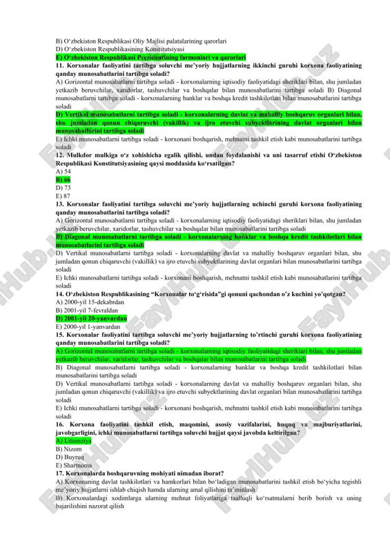 i prezidentining farmonlari va qarorlari b) o‘zbekiston respublikasi vazirlar mahkamasining qarorlari d) o‘zbekiston respublikasi oliy majlisi palatalarining qarorlari e) vazirliklar, davlat qo‘mitalari va idoralarning buyruqlari hamda qarorlari; 8. o‘zbekiston respublikasining “korxonalar to‘g‘risida”gi qonuni qachon qabul qilingan? a) 1991-yil 18-aprelda b) 1991-yil 15-fevralda d) 1992-yil 21-oktabrda e) 1992-yil 5-mayda 9. korxonalar faoliyatini tartibga soluvchi me’yoriy hujjatlarning birinchi guruhi korxona faoliyatining qanday munosabatlarini tartibga soladi? a) gorizontal munosabatlarni tartibga soladi - korxonalarning iqtisodiy faoliyatidagi sheriklari bilan, shu jumladan yetkazib beruvchilar, xaridorlar, tashuvchilar va boshqalar bilan munosabatlarini tartibga soladi b) diagonal munosabatlarni tartibga soladi - korxonalarning banklar va boshqa kredit tashkilotlari bilan munosabatlarini tartibga soladi d) vertikal munosabatlarni tartibga soladi - korxonalarning davlat va mahalliy boshqaruv organlari bilan, shu jumladan qonun chiqaruvchi (vakillik) va ijro etuvchi subyektlarining davlat organlari bilan munosabatlarini tartibga solidi e) ichki munosabatlarni tartibga soladi - korxonani boshqarish, mehnatni tashkil etish kabi munosabatlarini tartibga soladi 10. quyidagilardan qaysi biri qonunosti …