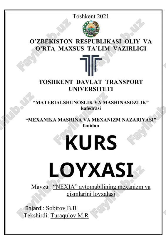 s o a kinematik juftlar soni-4 o-beshinchi sinf (r5) a- (r5) v – (r5) v1 – (r5) –porshen bilan gilza orasilagi kinematik juft. erkinlik darajasi p.l.chebishev formulasi bilan ifodalinadi: w = 3n – 2p5 – p4 n = 3 –qo'zg'aluvchan zvenolar soni p5 = 4 – beshinchi sinf kinematik juftlar soni p4 = 0 – to'rtinchi minf kinematik juftlar soni w = 3*3-2*4-0 = 1 mexanizmning sinfini aniqlash uchun, sxemani assur guruhlariga bo'linadi. v 3 asur guruhining sinfi tashqi kinematik juftlar bilan aniqlanadi.asur guruhining sinfi - ii(2,3) o 2 1 a n = 1; p5 = 1 mexanizmning strukturaviy formulasi quyidagicha bo'ladi: i(0,1) ii(2,3).asur guruhining eng kata sinfi –ii, demak mexanizmning sinfi ham ikkinchi bo'ladi. mexanizmning kinematik analizi. mexanizmning kinematik analizida uning sxemasi masshtabda chizilib, ayrim zvenolarning og'irlik markaz traektoriyalari chiziladi, zveno nuqtalarining chiziqlitezlik va tezlanishlari hamda zvenolarning burchak tezlik va tezlanishlari aniqlanadi. kinematik analizni bajarish bo'yicha quyidagilar berilgan: lab\loa …