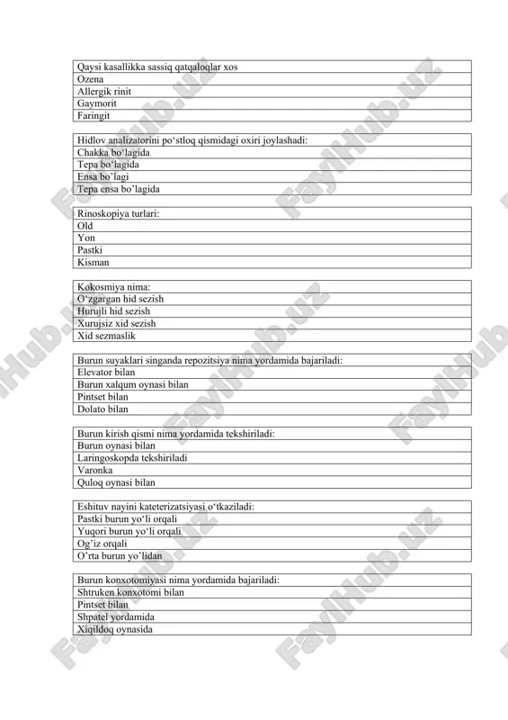 aradi: 5 7 6 4 yopiq manqalik qaysi kasallikda uchraydi: burun va burun xalqum kasalliklari, burundan nafas olishni to‘xtatadigan yoki burundan nafas olishni keskin qiyinlashtiradigan kasalliklar yumshoq tanglay parez va paralichi o’tkir otit o’rta adgeziv otit burun bo‘shlig‘idagi bakteriyalar nima yordamida o‘ladi va zararsizlantiriladi: mutsin serotonin lizatsim xlorid kislota burun bo‘shlig‘i epiteliysi qaysi tomonga harakatlanadi: xoana tomonga quloq tomonga tashqariga xarakatlanmaydi ponasimon bo‘shliqni yuqori devorida joylashgan: gipofiz ichki uyqu arteriyasi tashqi uyqu arteriyasi nerv tolalari peshona bo‘shlig‘ini eng qalin devori: old lateral medial pastki yuqori jag‘ bo‘shlig‘ining shakllanishi qaysi yoshda yakunlanadi: 8-14 yoshda 1-2 yoshda 2-3 yoshda 4-5 yoshda tug‘ilganda qaysi bo‘shliq shakllangan bo‘ladi: g‘alvirsimon labirint peshona ponasimon yuqori jag yuqori jag‘ bo‘shlig‘i bilan ko‘proq qaysi tishlar aloqada bo‘ladi: 1 va 2 katta jag‘ tishlari kesuvchi tish qoziq tish sut tishi yuqori burun yo‘liga qaysi bo‘shliqlar ochiladi: g‘alvirsimon suyakning orqa kataklari, ponasimon bo‘shliq yuqori jag‘, peshona bo‘shliqlari ko’z yoshi suyagi …