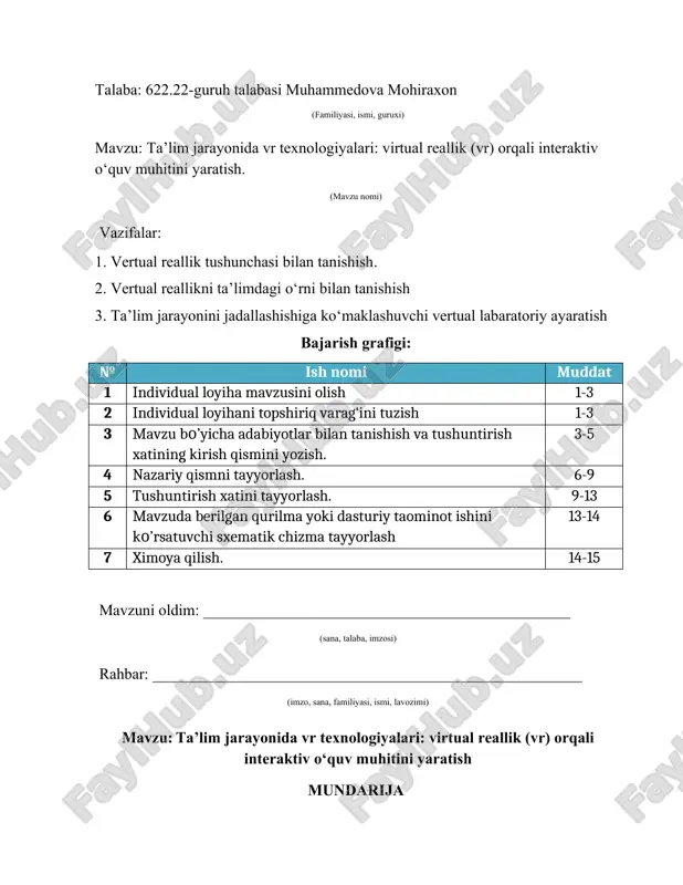 ……………………………………………….14 2.1. texnologik cheklovlar 2.2. iqtisodiy va moliyaviy cheklovlar 2.3. o‘qituvchilarni tayyorlashdagi muammolar iii-bob amaliy qisim…………………………………………………..30 3.1.vertual labaratoriya dasturini kodlarini yaratish 3.2.dastur natijalarini chiqarish xulosa foydalanilgan adabiyotlar ro‘yxati…………………...31 kirish virtual reallik (vr, inglizcha: virtual reality, vr, sunʼiy haqiqat) – texnik vositalar yordamida yaratilgan, insonga uning his-tuygʻulari orqali uzatiladigan dunyo: koʻrish, eshitish, teginish va boshqalar. virtual haqiqat texnologiyasi foydalanuvchilarga kompyuterda yaratilgan simulyatsiya muhiti orqali virtual dunyo bilan o‘zaro aloqada bo‘lish imkonini beradi. bu foydalanuvchilarga boshga o‘rnatilgan displeylar va interaktiv qurilmalar kabi qurilmalar orqali virtual dunyoni immersiv ravishda his qilish imkonini beradi. virtual haqiqat texnologiyasi printsipi real dunyo va virtual olamni mukammal birlashtirgan kompyuter grafikasi, sezish texnologiyasi va inson-kompyuter o‘zaro ta’siri kabi turli xil texnik vositalarga asoslangan. virtual haqiqat texnologiyasi ko‘plab noyob afzalliklarga ega bo‘lib, uning turli sohalarda keng qo‘llanilishiga yordam beradi. birinchidan, virtual haqiqat texnologiyasi foydalanuvchilarga haqiqiy dunyo mavjudligini his qilish imkonini beruvchi immersiv tajribani taqdim etadi. bu ko‘ngilochar, turizm va …