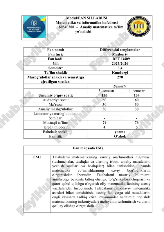 imlar jihatidan: tn1 matematikaning zaruriy ma’lumotlari majmuasi (tushunchalar, tasdiqlar va ularning isboti, amaliy masalalarni yechish usullari va boshqalar) bilan tanishtirish, talabalarni mantiqiy fikrlashga, to‘g‘ri xulosa chiqarishga, matematik madaniyatini oshirish, chiziqli algebraning asosini tashkil etuvchi teoremalarni, matematik ta’rif va aksiomalarini tahlil etish; tn2 olingan bilimlarni real hayotda qo‘llash; mustaqil matematik va ilmiy adabiyotlarni tahlil qilish va asoslangan xulosalar chiqarish; tn3 muammoli vaziyatlarni tahlil etish, ularni hal etishda matematik pozitsiyani to‘g‘ri tanlash; tn4 mantiqiy fikrlash va matematik madaniyatga ega bo‘lish; matematika amaliyotiga oid ilmiy adabiyotlar va tahliliy materiallarni tushunish, axborot bilan ishlash (turli manbalardan ilmiy va kasbiy vazifalarni bajarish uchun zarur bo‘lgan ma’lumotlarni izlash, baholash va foydalanish, shu bilan birga tizimli yondashuv); ko‘nikmalar jihatidan: tn5 xalqaro matematik muhitda ishlash, matematik faoliyatida differensial tenglamaning bazasidan to‘g‘ri foydalana olish; tn6 muammoning eng samarali va maqbul matematik yechimini topish, muammoga yo‘naltirilgan yondashuvlarni rivojlantirish; tn7 matematik, qiyosiy va boshqa o‘ziga xos metoddan foydalangan holda, tegishli matematikaga …