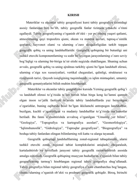 sida ma’lumotlar beriladi. bu fanni o’zlashtirishda avvalroq o’rganilgan “umumiy yer bilimi”, “geologiya”, “topografiya va kartografiya asoslari”, “geomorfologiya”, “iqlimshunoslik”, “gidrologiya”, “tuproqlar geografiyasi”, “biogeografiya” va boshqa tabiiy fanlardan olingan bilimlarning roli katta va ularga tayanadi. geografik qobiqdagi landshaftlarning zonal-regional tabaqalanishi, ularni tashkil etuvchi zonal, regional tabiat komplekslarini aniqlash, chegaralash, kartalashtirish va tavsiflash jarayoni tabiiy geografik rayonlashtirish asosida amalga oshiriladi. geografik qobiqning muayyan hududlarini o’rganish bilan tabiiy geografiyaning tarmog’i hisoblangan regional tabiiy geografiya shug’ullanadi. tabiiy geografiya bilan regional tabiiy geografiya o’zaro chambarchas bog’langan, chunki ularning o’rganish ob’ekti va predmeti geografik qobiqdir. biroq, birinchi holatda geografik qobiq bir butunlik va umumiylik nuqtai nazardan qaralsa, ikkinchi holatda ichki tafovutlar va regional xususiyatlar nuqtai nazardan qaraladi. regional tabiiy geografiya geografik qobiqning makonda tabiiy chegaralar bilan chegaralangan birliklarini o’rganadi. bu birliklar miqyosiga ko’ra nihoyatda katta va kichik bo’lishi mumkin. masalan, avstraliya materigi, hind okeani, sahroi kabir, o’rta osiyo, bering dengizi va boshqalar. yirik regionlarni alohida-alohida o’rganish bilimni …