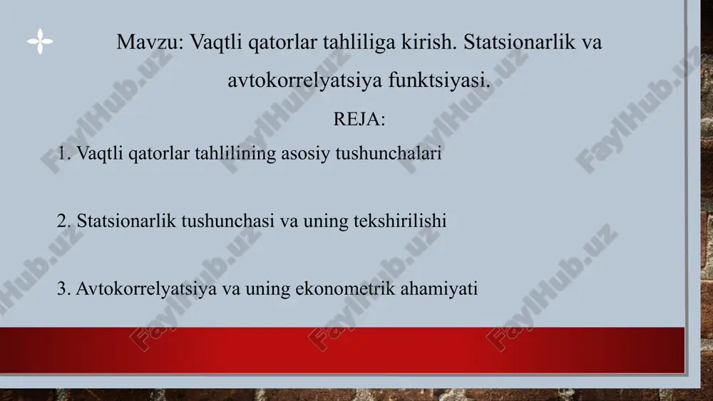 ralig‘ida takrorlanib turuvchi o‘zgarishlar, masalan, qish va yoz fasllarida energiya iste’moli. tsiklik va tasodifiy komponentlar – iqtisodiy tsikllar yoki kutilmagan shoklar ta’sirida sodir bo‘ladigan o‘zgarishlar ketma-ket (xronologoik tartibda) joylashgan statistik ko‘rsatkichlar qatori, ularning o‘zgarishi o‘rganilayotgan hodisani ma’lum bir rivojlanish tendensiyaga egaligini ko‘rsatadi. dinamik qator lag tashkil etuvchisini o‘z ichiga oladi. vaqt bo‘yicha ketma-ket tartibda joylashgan sonli ko‘rsatkichlar qatori bo‘lib, ular hodisa yoki jarayonni holati darajasi va o‘zgarishini xarakterlaydi. vaqt qatorining asosiy qismlari bo‘lib vaqt ko‘rsatkichi hamda qator darajasi hisoblanadi. vaqt ko‘rsatkichiga qarab vaqt qatorlari oniy (muayyan sanada) va oraliq (muayyan davr uchun) turlarga bo‘linadi. o‘zbekistonga jalb etilgan investitsiyalarning yaimdagi ulushi, % hisobida vaqtli qatorlar quyidagilar bilan xarakterlanadi: uzoq vaqtli harakat yo‘nalishi, umumiy asriy tendensiya; qisqa davrlarga xos siklik yoki lokal o‘zgarishlar; ayrim yillarga tegishli tebranishlar; mavsumiy to‘lqinlar; konyukturaviy tebranishlar. multiplikativ va additiv modellarning tarkibiy tuzilishi: vaqtli qatorni tashkil etuvchi komponentlarini modellari additiv multiplikativ yt=ut+γt+et yt=ut·γt·et yt=ut+γt+et dan ko‘rinib turibdiki, vaqtli …