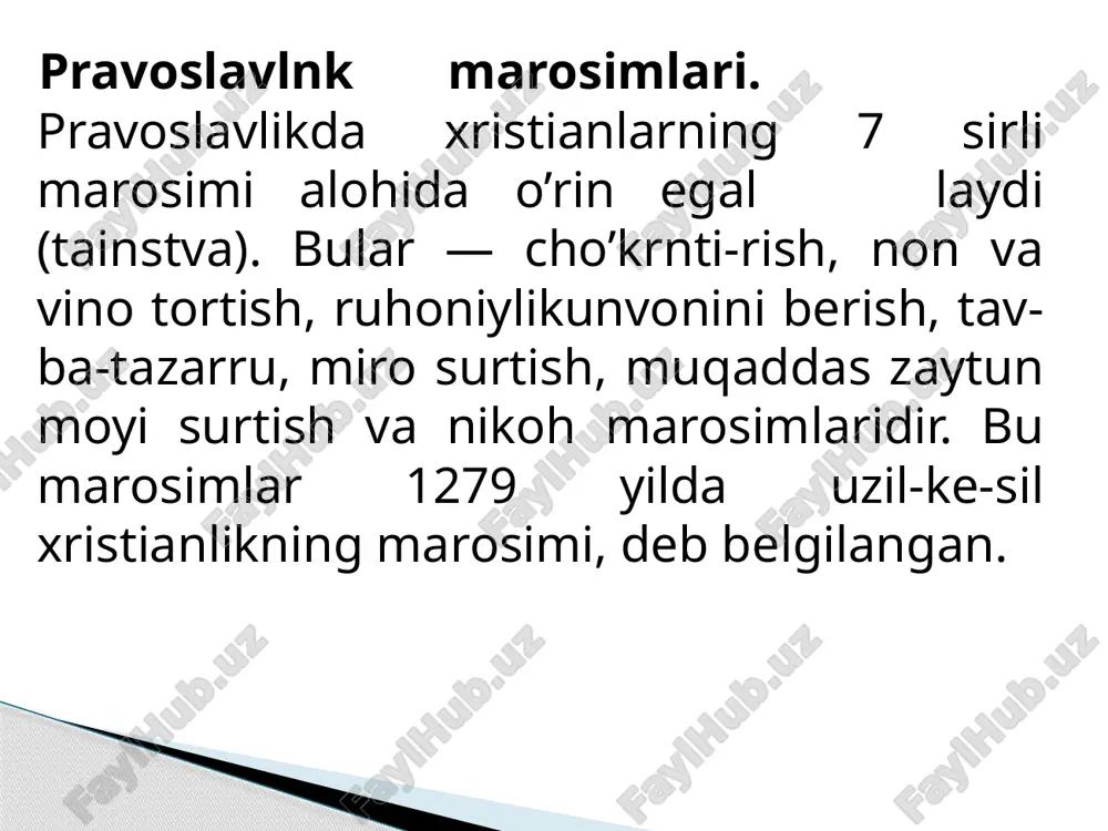 vul qilar ekanlar, bu bilan ular iususning tanasi va qonini tatib ko’rdik, binobarin, endi xudoga yaqinroq va qondoshroq bo’ldik, deb hisoblaydilar. bu marosim ertalabki yoki tupji ibodatda asosiy o’rin egallaydi. ruhoniylik unvonini berish marosimi (svyashenstvo) — bu, ruhoniylik martabasiga ko’tarilish bilan bog’liq maro-simdir. diniy ta’limotga ko’ra, ruhoniy bo’ladigan shaxs-ning boshiga yepiskop qo’l tekkizgandan keyin, go’yo u "mu-qaddas ruh"ning alohida marhamati bilan xudo va odamlar o’rtasida vositachilik xususiyatiga ega bo’ladi. ruhoniy un-voni uch daraja (dyakon, presviter va yepiskop)ga ega. tavba-tazarru qilish marosimi — xristianliqda pushay-mon bo’lish marosimidir. tavba qiluvchi shaxs maxsus jihrz-langan cherkov ibodatxonalariga boradi. u tavba qiladi, ya’ni ruhoniyga o’zining hamma gunoxlarini oqizmay-tomizmay so’zlab beradi. buzuq niyatlari va shubhalarini aytadi. ru-honiy dindorga nasihat qilib, uni to’g’ri yo’lga soladi va muqaddas ruhning kuchi bilan uni gunohlardan pok qiladi. miro surtish marosimi (miropomazanie) — cho’qintirish marosimi bilan bevosita bog’likdir. cherkovlarda chaqaloq-lar cho’qintirilgandan keyin, ularga xushbo’y yog’ (miro) surtiladi. shunday qilinganda, inson ilohiy …
