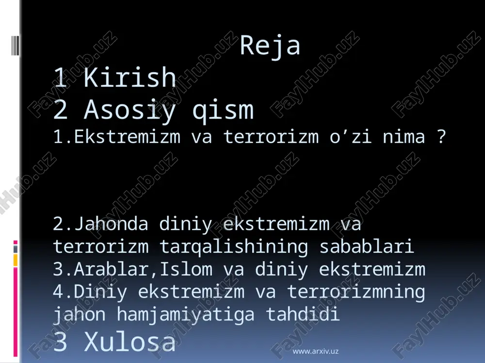 degan naql bilan izohlashar, lekin mamlakatimiz tomon «otilayotgan» goh mafkuraviy, goh axborot xuruji tarzidagi bu toshlar, tassufki oddiy emas. bu «tosh» g'araz, hasad, adovat, xusumat, yovuzlik, hudbinlik singari irqiy illatlardan tashkil topgandir. shuning uchun ham u xavflidir, zulmatga eltuvchidir». www.arxiv.uz ekstremizm – lotincha (extremus – o'ta,keskin degan mazmunni beradi) jamiyatdagi ijtimoiy – siyosiy xarakterdagi muammolarni hal etishda o'ta keskin chora-tadbirlar, fikr va qarashlarni yoqlovchi nazariya va amaliyotdir. ekstremizm mazmuniga ko'ra – diniy va dunyoviy bo'lishi yoki namoyon bo'lishiga ko'ra – hududiy, mintaqaviy, halqaro shakllarga bo'linadi. ekstremistlar qarashlari juda chuqur ildizlarga ega bo'lib, ular hech qachon chegara bilmagan yoki din, millat, biron bir mamlakat hududini tan olmagan. dunyoviy ekstremizmning siyosiy, iqtisodiy va mafkuraviy ko'rinishlari mavjud bo'lsa, diniy ekstremizm barcha dinlar doirasida rivojlangan. ular xristian dinida, katoliklar, protestantlar, provaslavlar orasida ham mavjud. diniy ekstremizm islom olamida ham keng tarqalgan bo'lib, ular qaerda faoliyat ko'rsatmasin, asosiy maqsadi islom diniy «xalifalik» davlatini barpo qilishdir. …