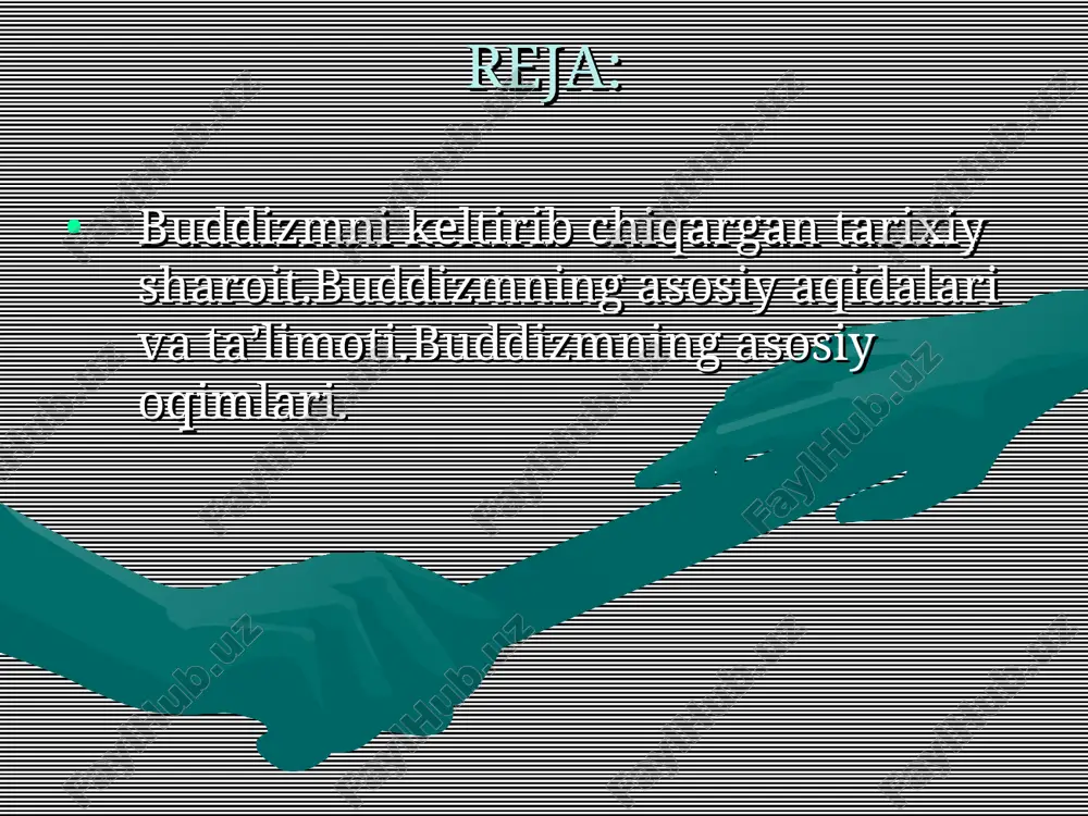 ra». buddizm ta’limoti. buddizm qadimiy hind diniy-falsafiy ta’limotlari asosida vujudga kelgan, o’ziga xos nazariyot va amaliyotdan iborat bo’lgan diniy tizimdir. budda yangi diniy qonun-qoidalar, rasm-rusumlar ishlab chiqmagan, balki har bir inson tug’ilish va o’lim mashaqqatlaridan qutilishi uchun amal qilishi lozim bo’lgan bir necha ko’rsatmalarni ishlab chiqdi, xolos. uning ta’limoti insonning xayolida, ishlarida va o’zini tutishida samimiy oliyjanoblik g’oyasini ilgari suradi. u vedalardagi gunohsizlik ta’limotini inkor qildi, hayvonlarni vahshiyona qurbon qilishni qoraladi, varna (kasta) tizimini va undagi ruhoniylarning boshqalardan ustunligini inkor qildi. 1. axloq normalari – «pancha shila» (buddaning besh nasihati):qotillikdan saqlanish; o’g’rilikdan saqlanish; gumrohlikdan saqlanish; yolg’on, qalbaki narsalardan saqlanish; mast qiluvchi narsalardan saqlanish. meditatsiya. to’g’ri tushunish (to’g’ri e’tiqod qilish) – buddaning birinchi da’vatida so’z yuritilgan to’rt haqiqatni bilish va unga ishonish; to’g’ri niyat qilish – dunyoviy lazzat-halovatlardan xalos bo’lishga, keraksiz fikrlar va boshqalarga zarar yetkazib qo’yishdan saqlanishga intilish; o’zini to’g’ri tutish – o’ziniki bo’lmagan narsaga ko’z olaytirmaslik, ortiqcha hissiyotga berilmaslik; …
