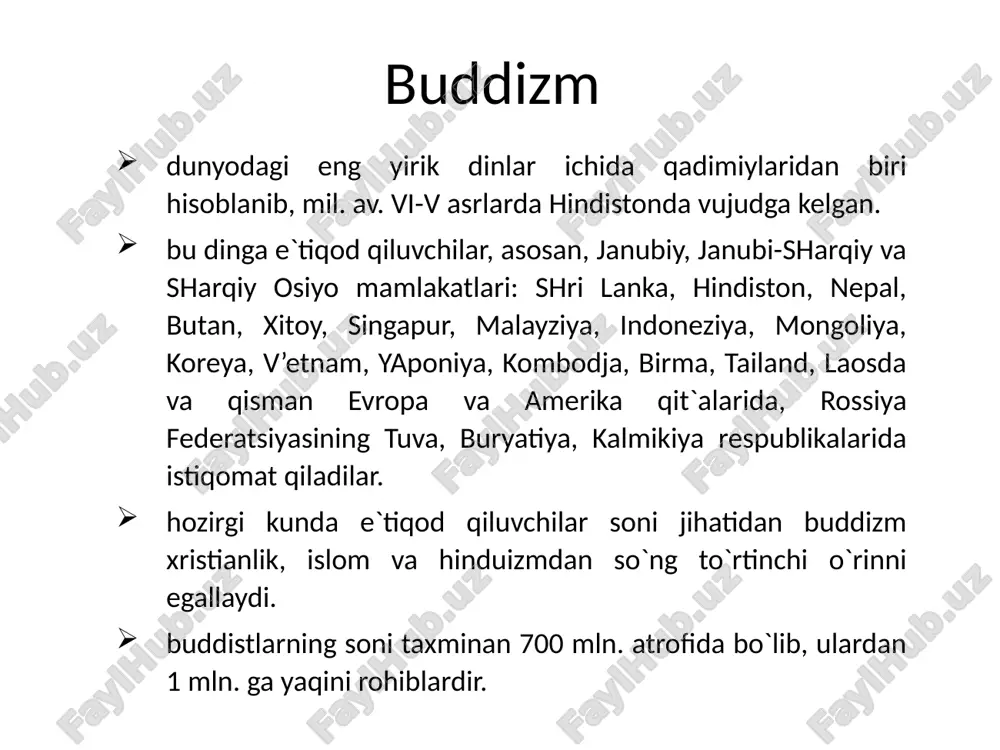 zib yuradi. shu asnoda siddxartxa bir narsaga amin bo`ldi: bu yo`l uni o`z oldiga qo`ygan maqsad, ya`ni insoniyatni azob-uqubatdan qutqarish sari olib bormaydi va u rohiblar jamoasidan ajraladi. birmuncha vaqt changalzor o`rmonlarda kezib, xorib charchagach, bir daraxtning tagida dam olish uchun o`tiradi, va o`zicha, to haqiqatni topmaguncha shu erdan turmaslikka qaror qiladi. bu o`tirishning 49 kuni uning qalbidan «sen haqiqatni topding» degan sado keladi shu ondan u budda – nurlangan deb ataldi. u tagida o`tirgan daraxt esa – nurlangan daraxt (botxa) deb atala boshladi. budda o`zining birinchi da`vatini varanasi yaqinidagi rishipatana bog’ida, o`zining besh rohib do`stlariga qildi va ular buddaning birinchi shogirdlari bo`ldilar. budda hayot vaqtida budda 40 yil mobaynida hindistonning turli joylarida bo`ladi, odamlarga o`z g’oyalarini etkazadi, singdiradi va 80 yoshida kushtnagara degan joyda dunyodan o`tadi. uning jasadi, hind udumiga ko`ra, kuydirilib, xoki 8 ta buddist jamoalariga bo`lib yuborildi va har bir jamoa uni dafn etgan joyida ibodatxona (stupa) …
