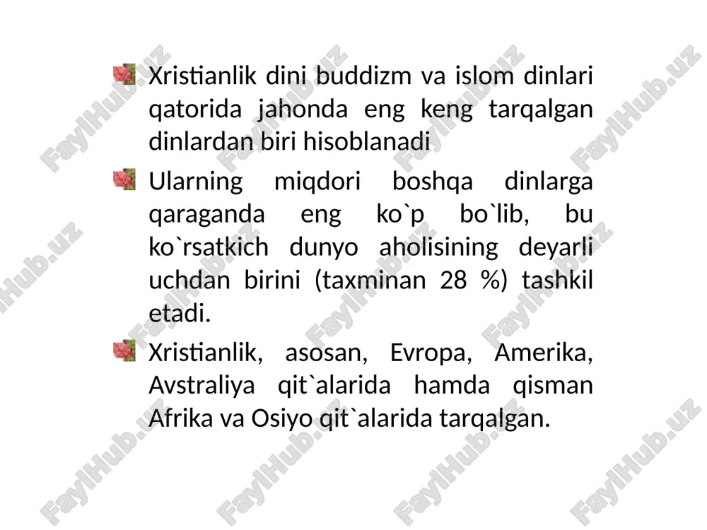 ug’ilgan qishlog’i – «nazaret» bilan bog’lab, nazroniya deb ham ataganlar. keyinchalik bu nom nasroniya shaklini olgan. iso masih o`z ta`limotini o`zining 12 o`quvchisi apostollar – havoriylarga o`rgatdi. ular esa isoning vafotidan keyin ustozlarining ta`limotlarini har birlari alohida-alohida tarzda kitob shakliga keltirdilar. bu kitoblar bibliyaning «yangi ahd» qismini tashkil etadi. xristianlik ta`limoti asosiy g’oyasi – isoning odamzodning xaloskori «messiya» ekanligi yahudiylikda mavjud bo`lib, oxiratga yaqin kelishi kutilayotgan xaloskor haqidagi ta`limotdan kelib chiqqandir. xristianlikda eng muhim sanalar 318 yilda o`g’il-xudo va ota-xudoning yagona mohiyati haqidagi cherkov ta`limotiga asos solindi. 324 yili xristianlik rim imperiyasida davlat dini deb e`lon qildi. 325 yili tarixda birinchi marta rim imperatori litsiniya imperiya hududidagi nikeya shahrida i butun olam xristian soborini (o`tkazilgan 21 sobordan birinchisi) chaqirdi. 381 yili konstantinopolda ii butun olam xristian sobori bo`lib o`tdi. 867 yillar orasida papa nikolay va istambul patriarxi fetiy orasida uzil-kesil ajraldi. 1054 yili rasman tan olindi. xvi asr boshlarida katolitsizmdan …